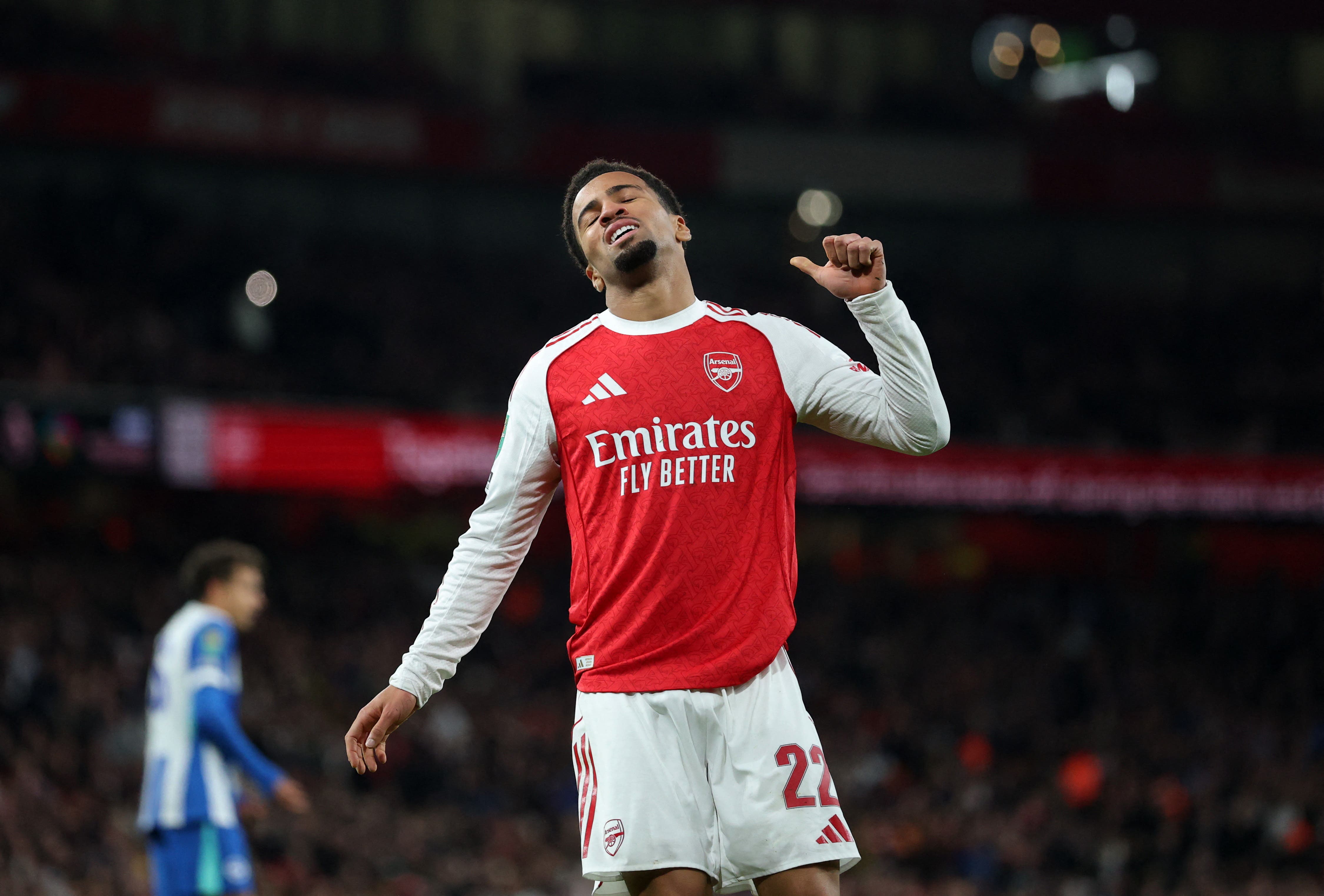 Soccer Football - Carabao Cup - Fourth Round - Arsenal v Brighton & Hove Albion - Emirates Stadium, London, Britain - October 29, 2025 Arsenal's Ethan Nwaneri reacts REUTERS/Hannah Mckay
