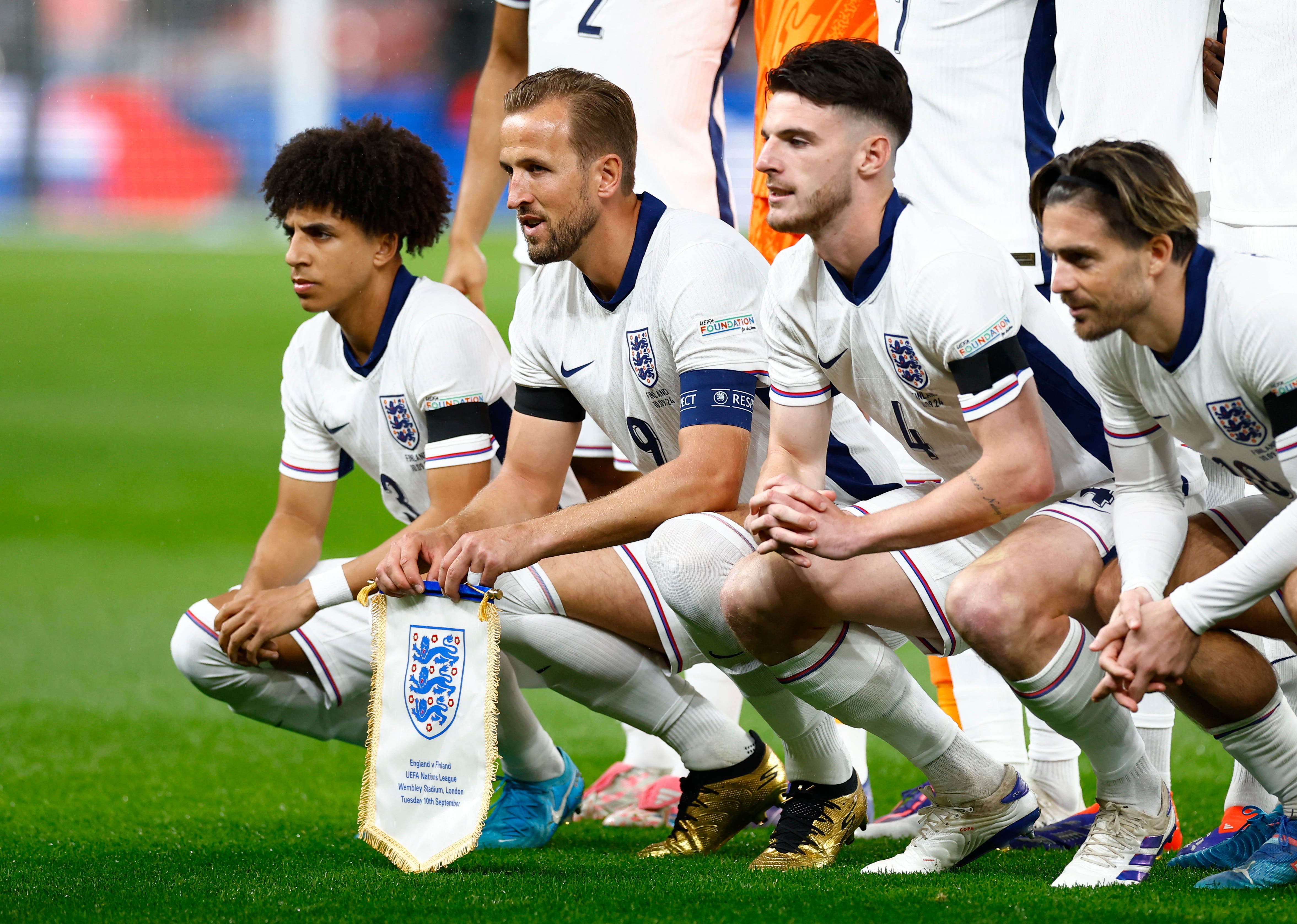 Soccer Football - Nations League - League B - Group 2 - England v Finland - Wembley Stadium, London, Britain - September 10, 2024 England's Harry Kane poses with teammates for a team group photo before the match Action Images via Reuters/Peter Cziborra
