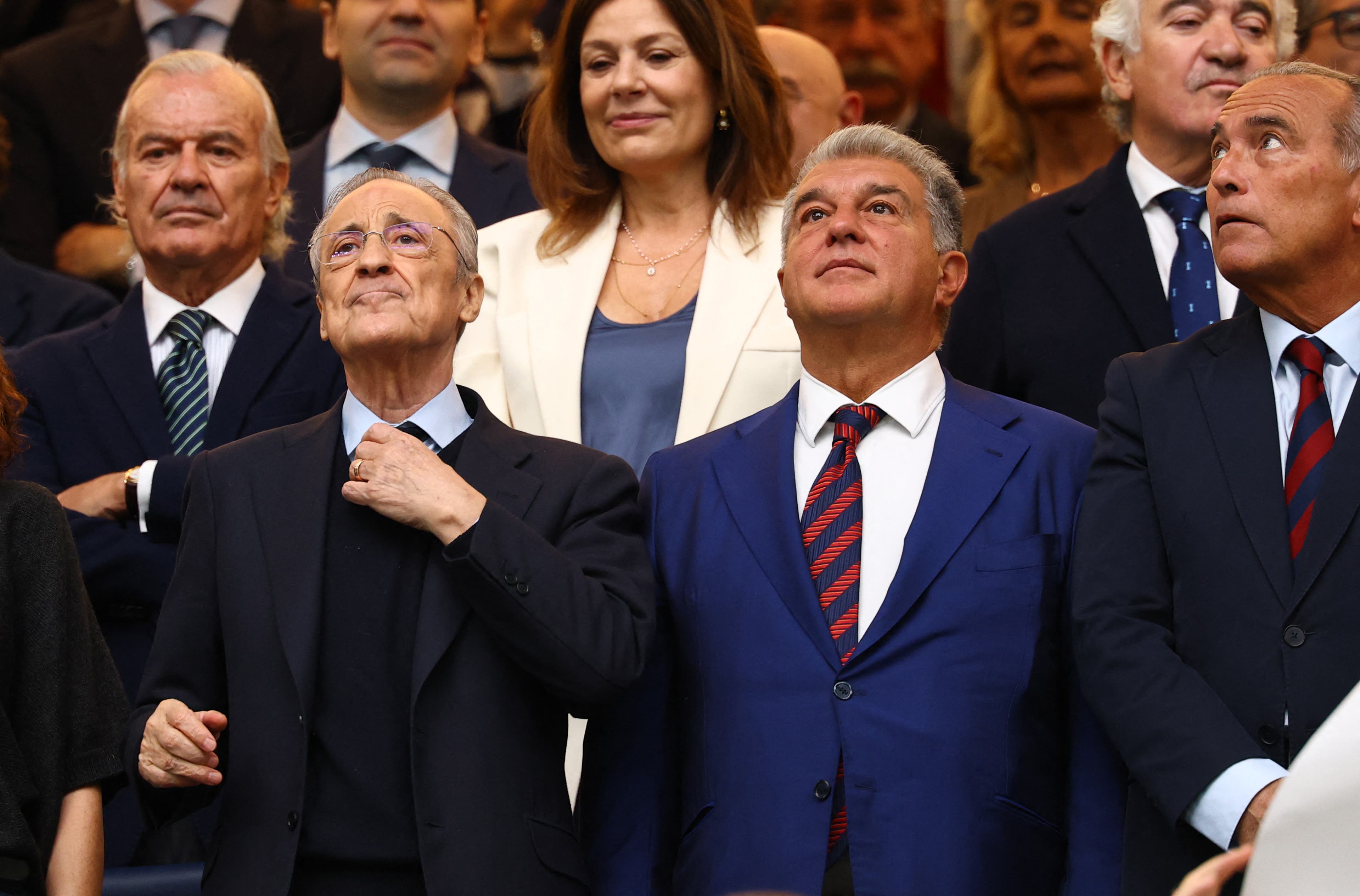 Soccer Football - LaLiga - Real Madrid v FC Barcelona - Santiago Bernabeu, Madrid, Spain - October 26, 2025 Real Madrid president Florentino Perez and FC Barcelona president Joan Laporta in the stands before the match REUTERS/Susana Vera
