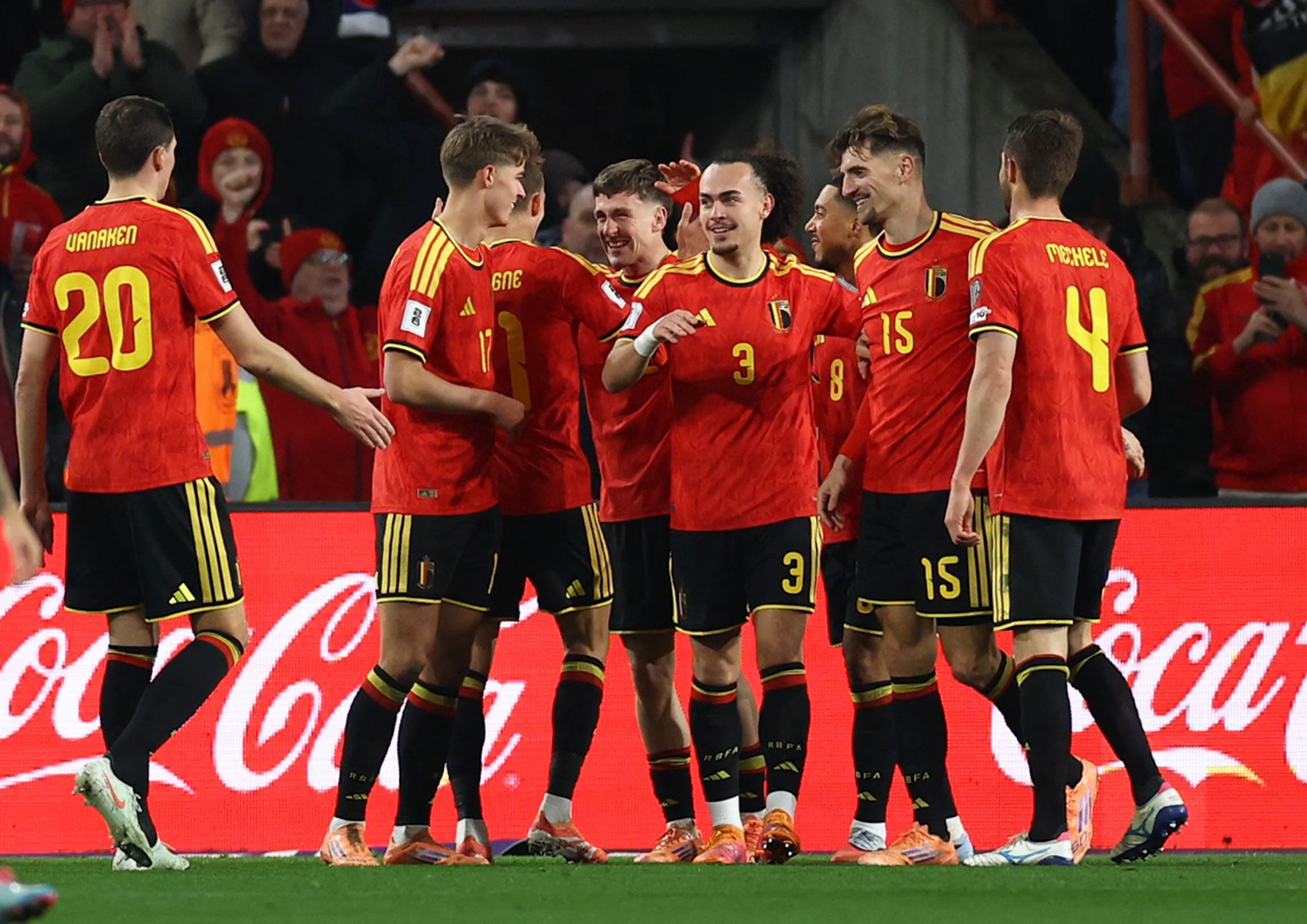 Soccer Football - FIFA World Cup - UEFA Qualifiers - Group J - Belgium v Liechtenstein - Stade Maurice Dufrasne, Liege, Belgium - November 18, 2025 Belgium's Alexis Saelemaekers celebrates scoring their fifth goal with teammates REUTERS/Yves Herman