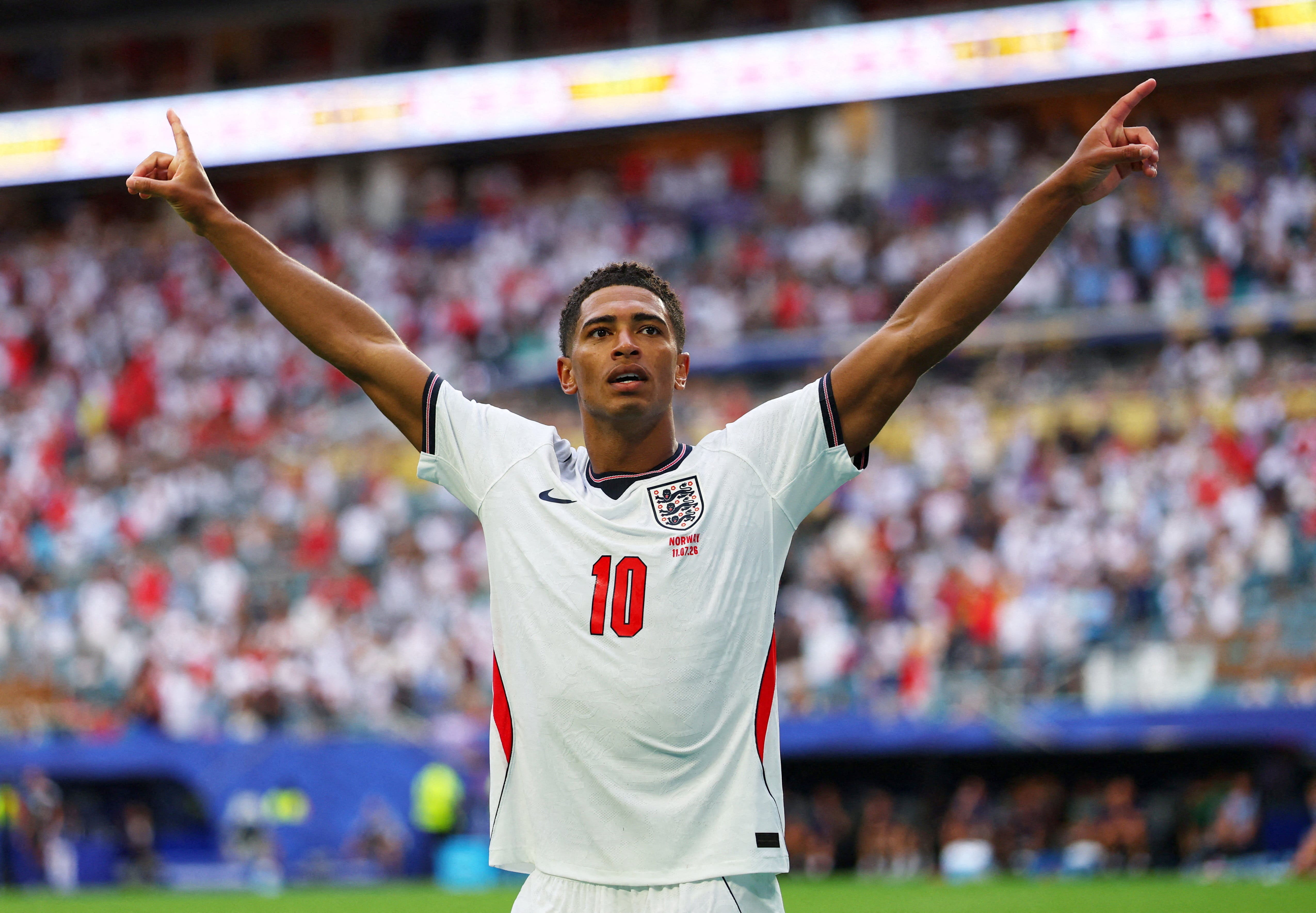 Soccer Football - FIFA World Cup 2026 - Quarter Final - Norway v England - Miami Stadium, Miami Gardens, Florida, U.S. - July 11, 2026 England's Jude Bellingham celebrates scoring their second goal REUTERS/Mike Segar TPX IMAGES OF THE DAY