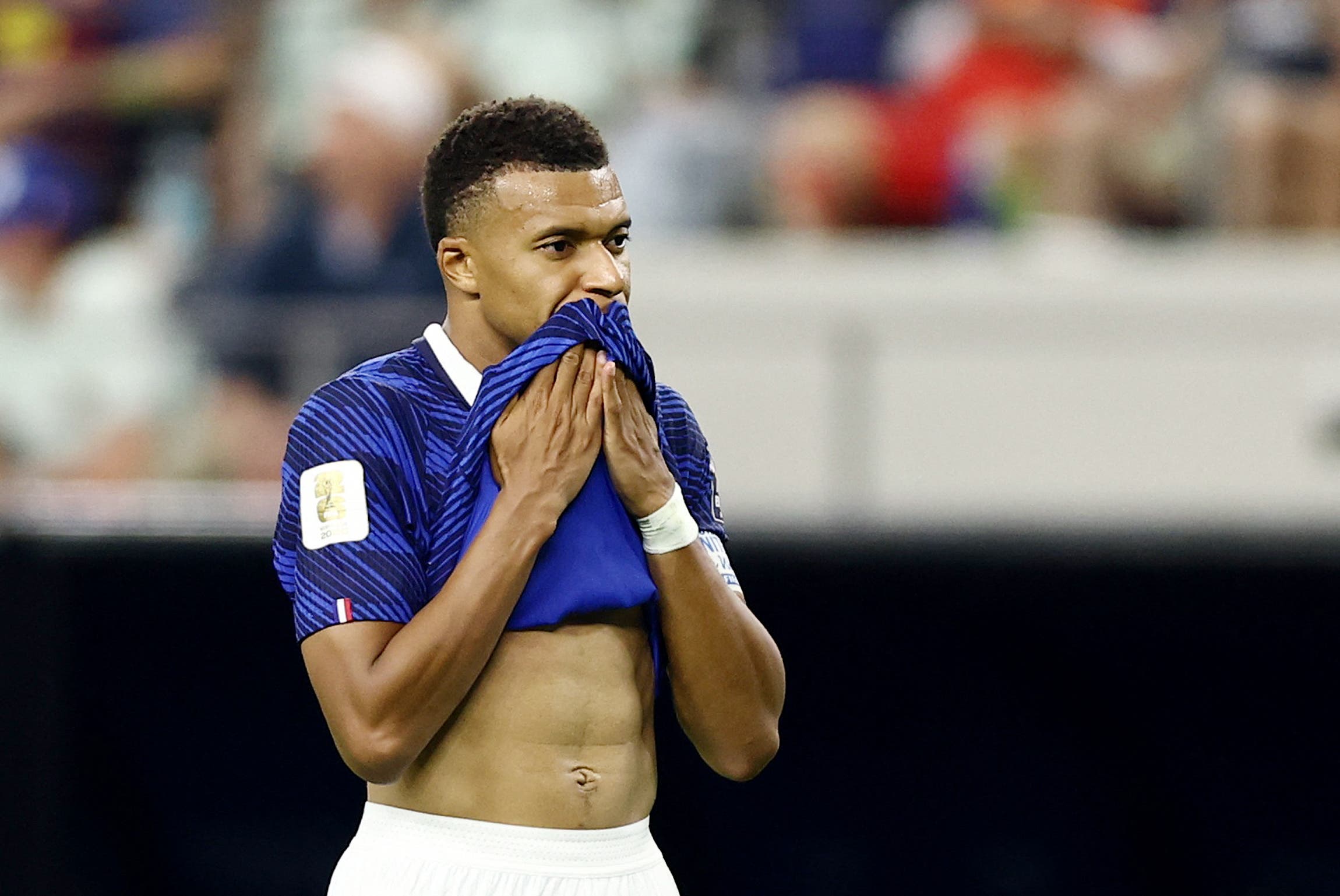 Soccer Football - FIFA World Cup 2026 - Semi Final - France v Spain - Dallas Stadium, Arlington, Texas, U.S. - July 14, 2026 France's Kylian Mbappe reacts REUTERS/Lee Smith