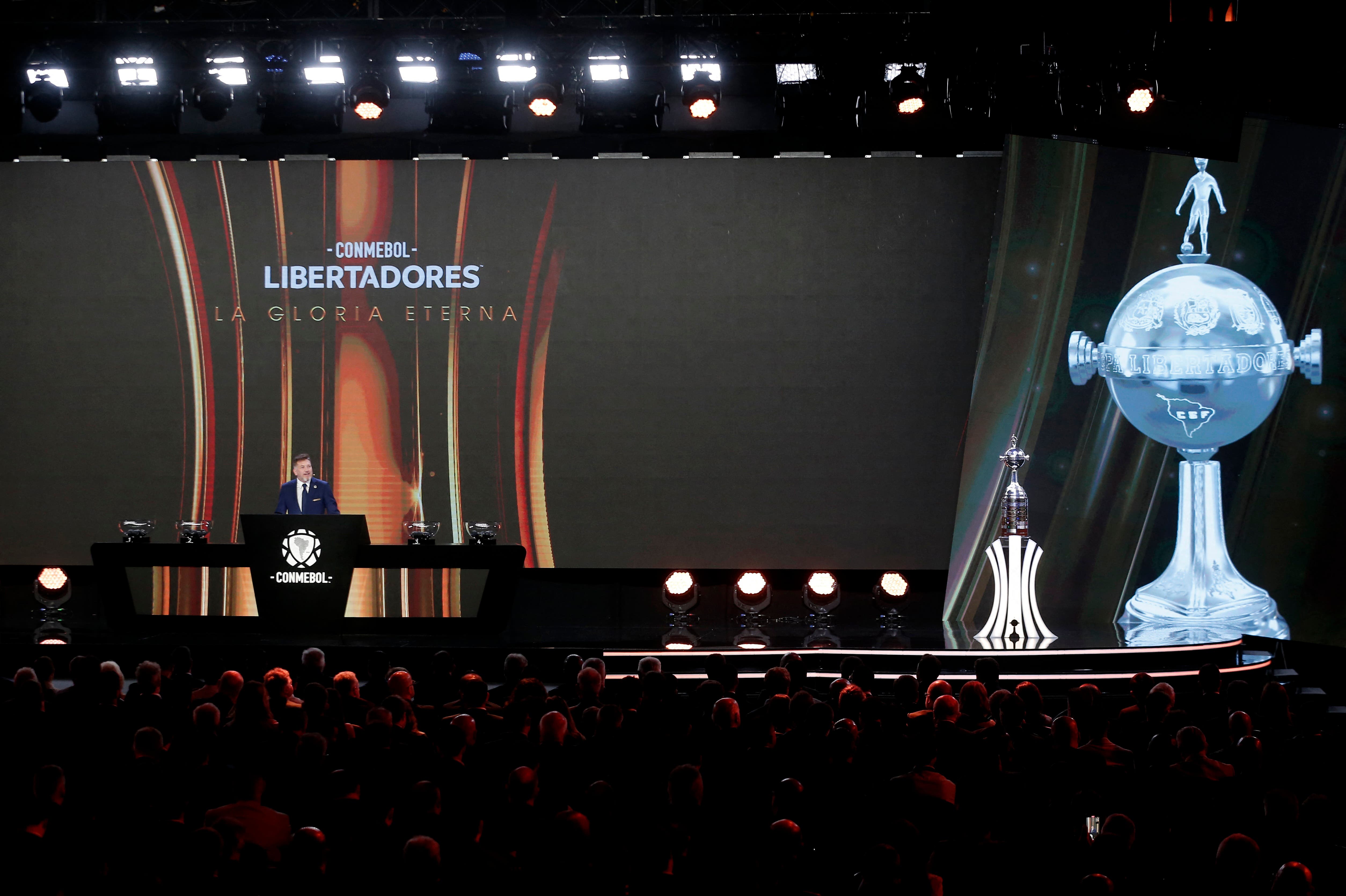 Soccer Football - Copa Libertadores - Group Stage Draw - Conmebol Headquarters, Luque, Paraguay - March 17, 2025 CONMEBOL President Alejandro Dominguez speaks during the draw REUTERS/Cesar Olmedo