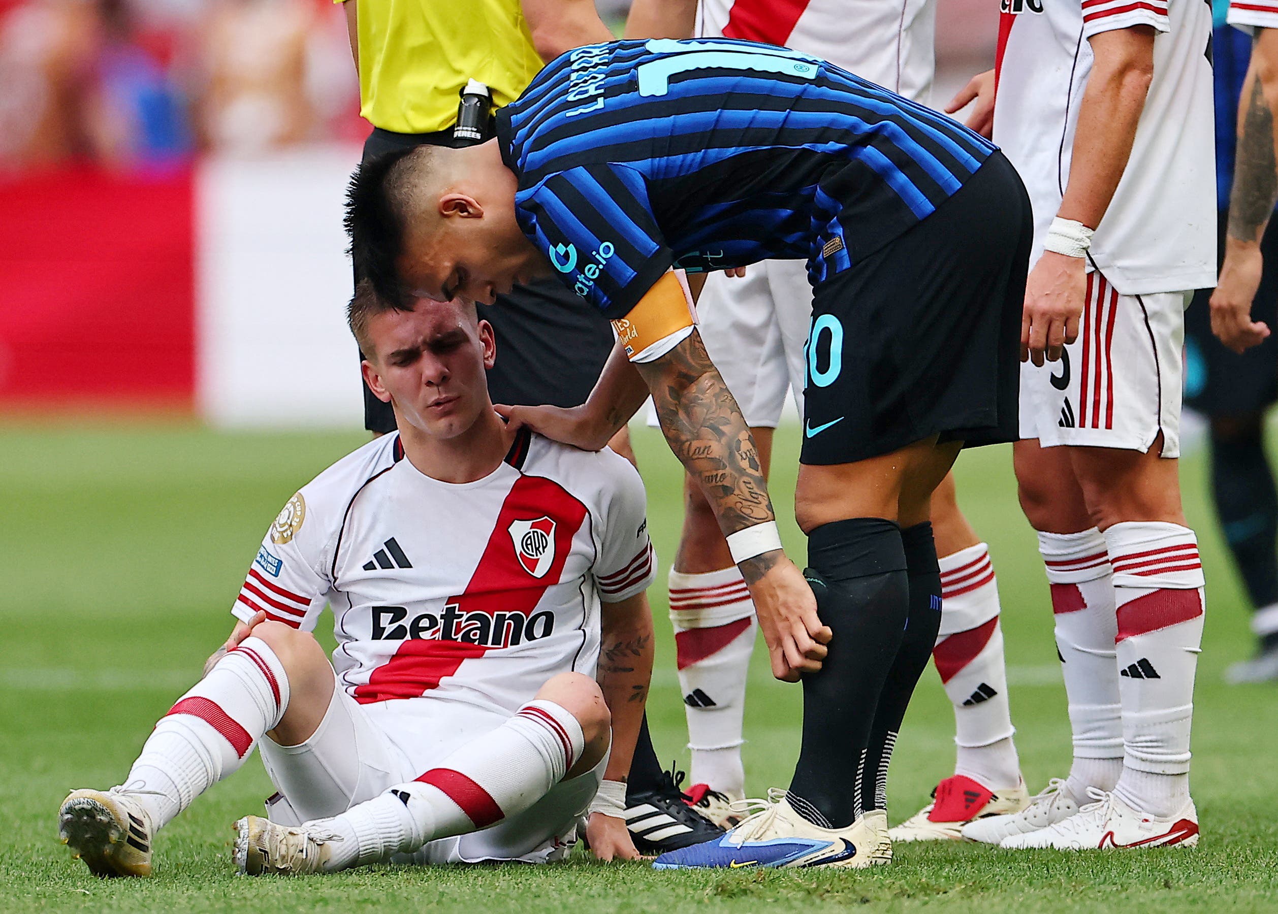 River Plate's Franco Mastantuono reacts with Inter Milan's Lautaro Martinez
