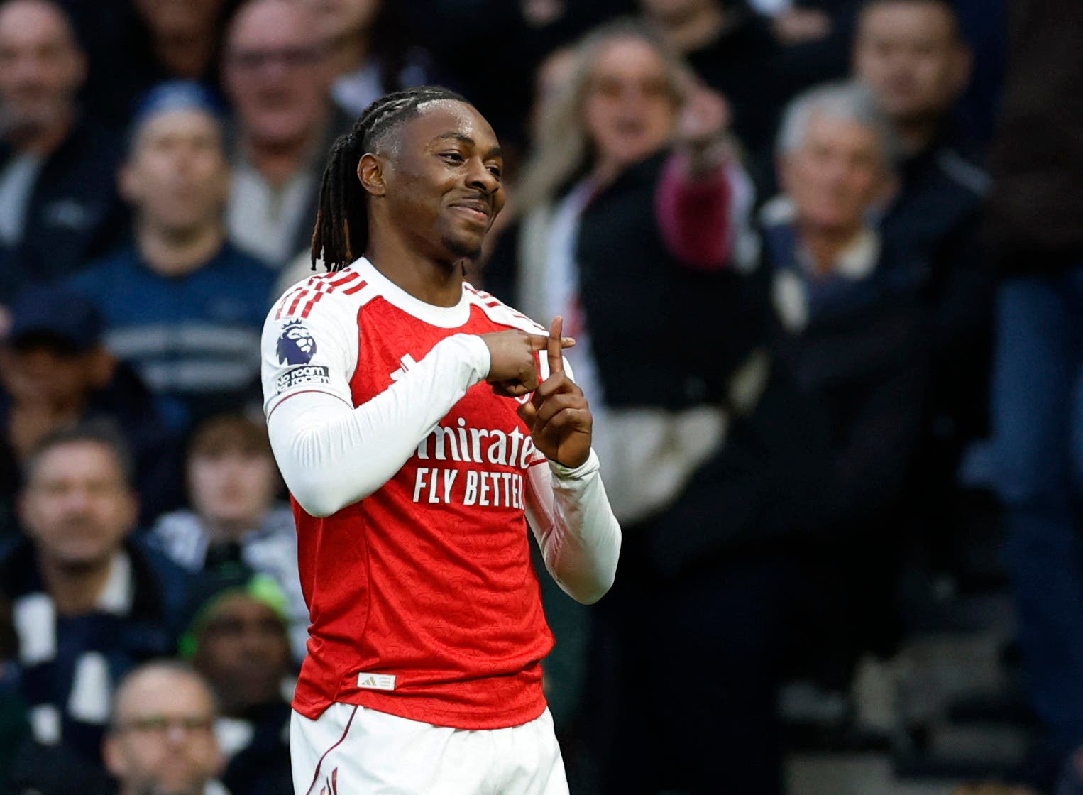 Soccer Football - Premier League - Tottenham Hotspur v Arsenal - Tottenham Hotspur Stadium, London, Britain - February 22, 2026 Arsenal's Eberechi Eze celebrates scoring their first goal Action Images via Reuters/Peter Cziborra