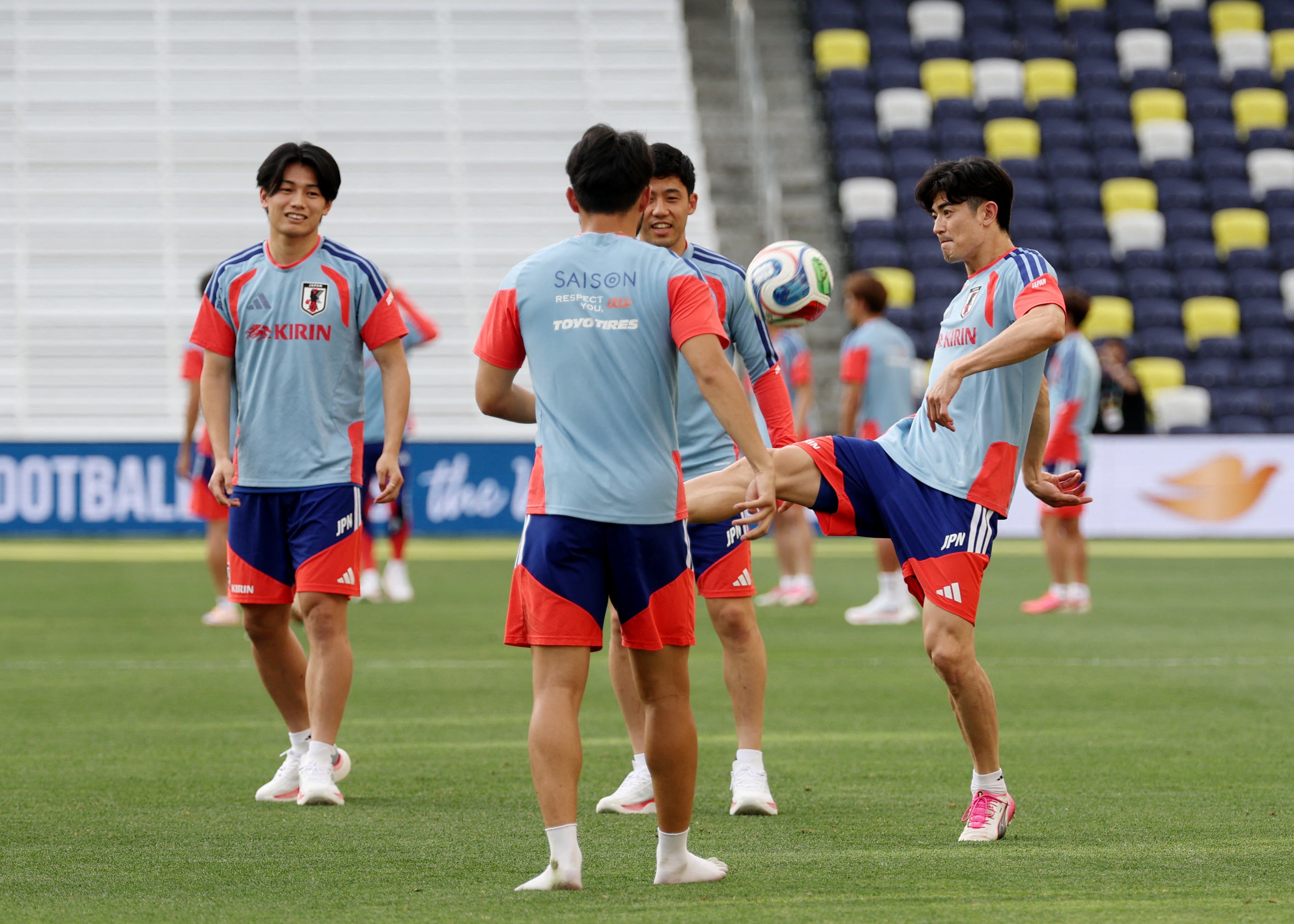 Soccer Football - FIFA World Cup 2026 - Japan Training - Geodis Park, Nashville, Tennessee, U.S. - June 8, 2026 Japan's Ayase Ueda with teammates during training IMAGN IMAGES via Reuters/Alan Poizner

