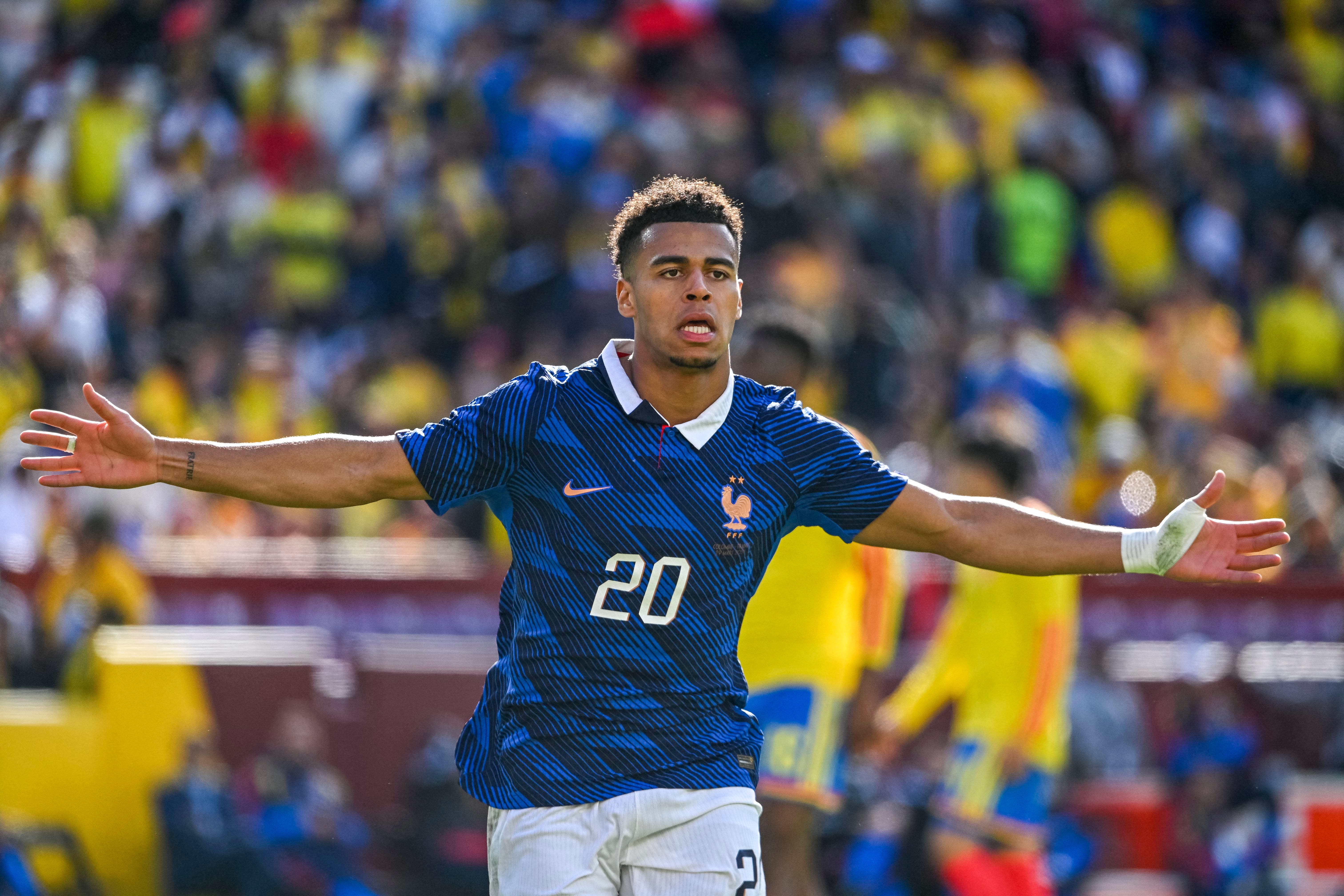 Mar 29, 2026; Landover, Maryland, USA; France forward Désiré Doué (20) reacts after scoring a goal during the second half against France at Northwest Stadium. Mandatory Credit: Tommy Gilligan-Imagn Images