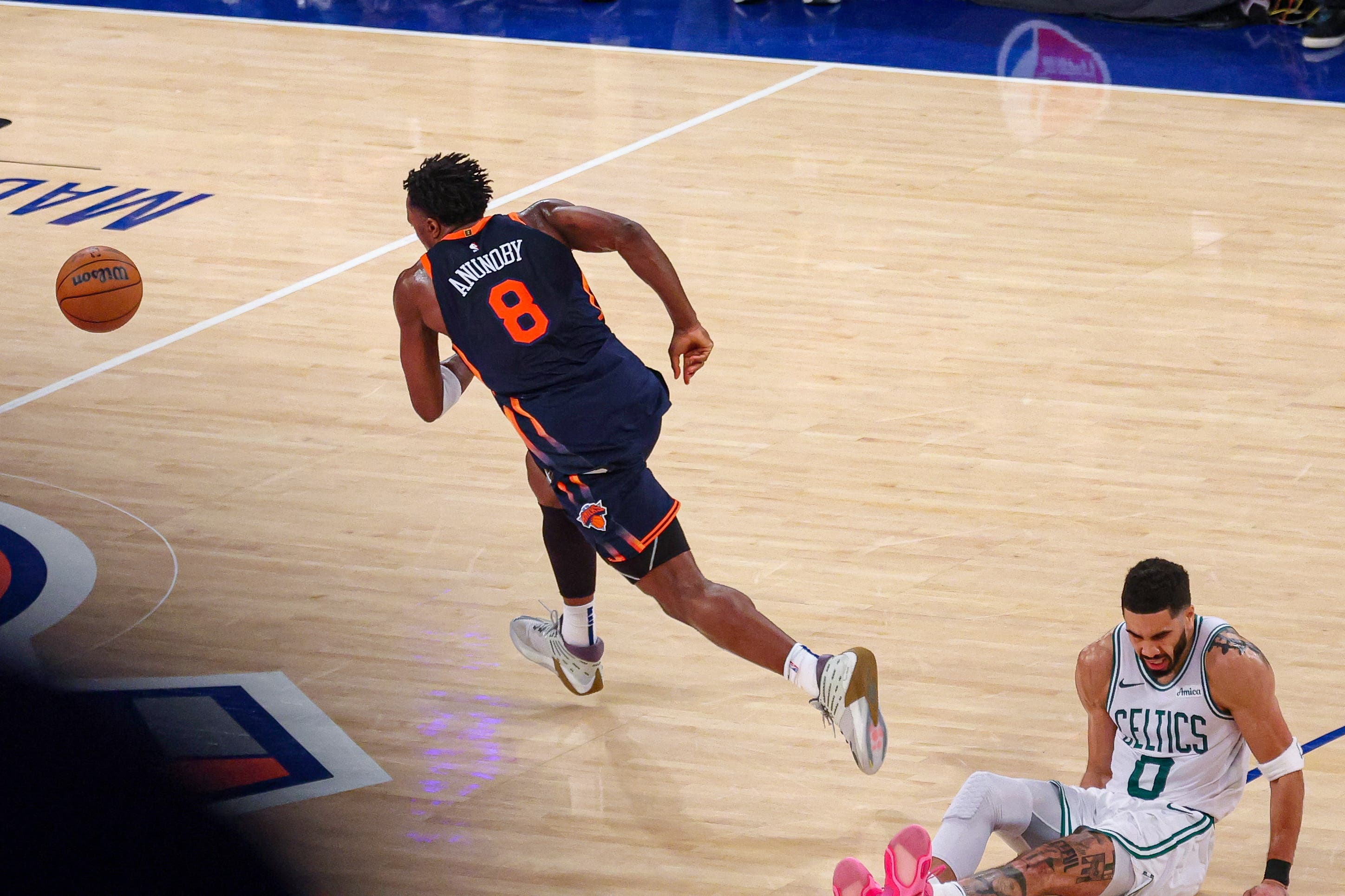 Boston Celtics' Jayson Tatum reacting to injury during Game 4 against the New York Knicks.