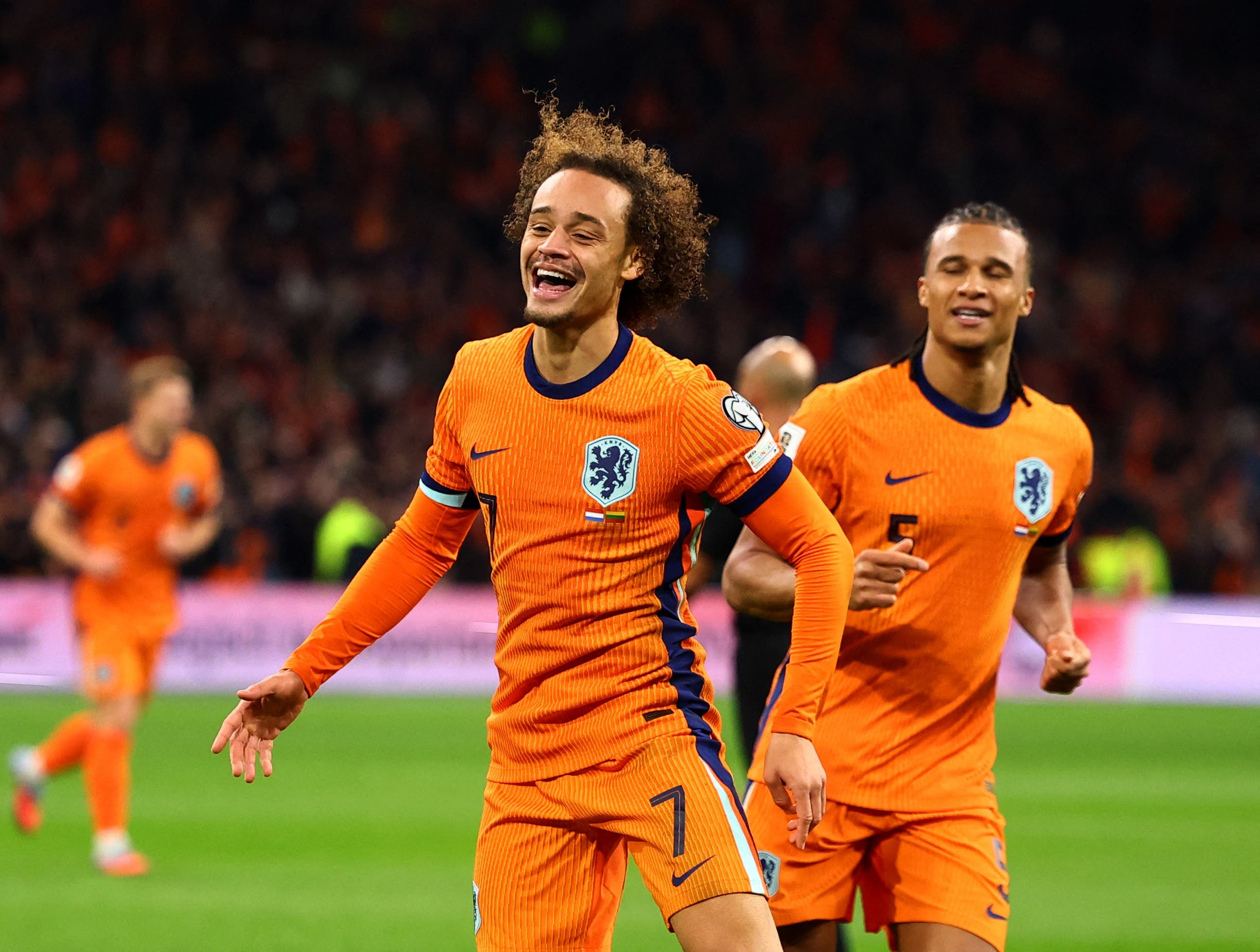 Soccer Football - World Cup - UEFA Qualifiers - Group G - Netherlands v Lithuania - Johan Cruijff Arena, Amsterdam, Netherlands - November 17, 2025 Netherlands' Xavi Simons celebrates scoring their third goal REUTERS/Piroschka Van De Wouw