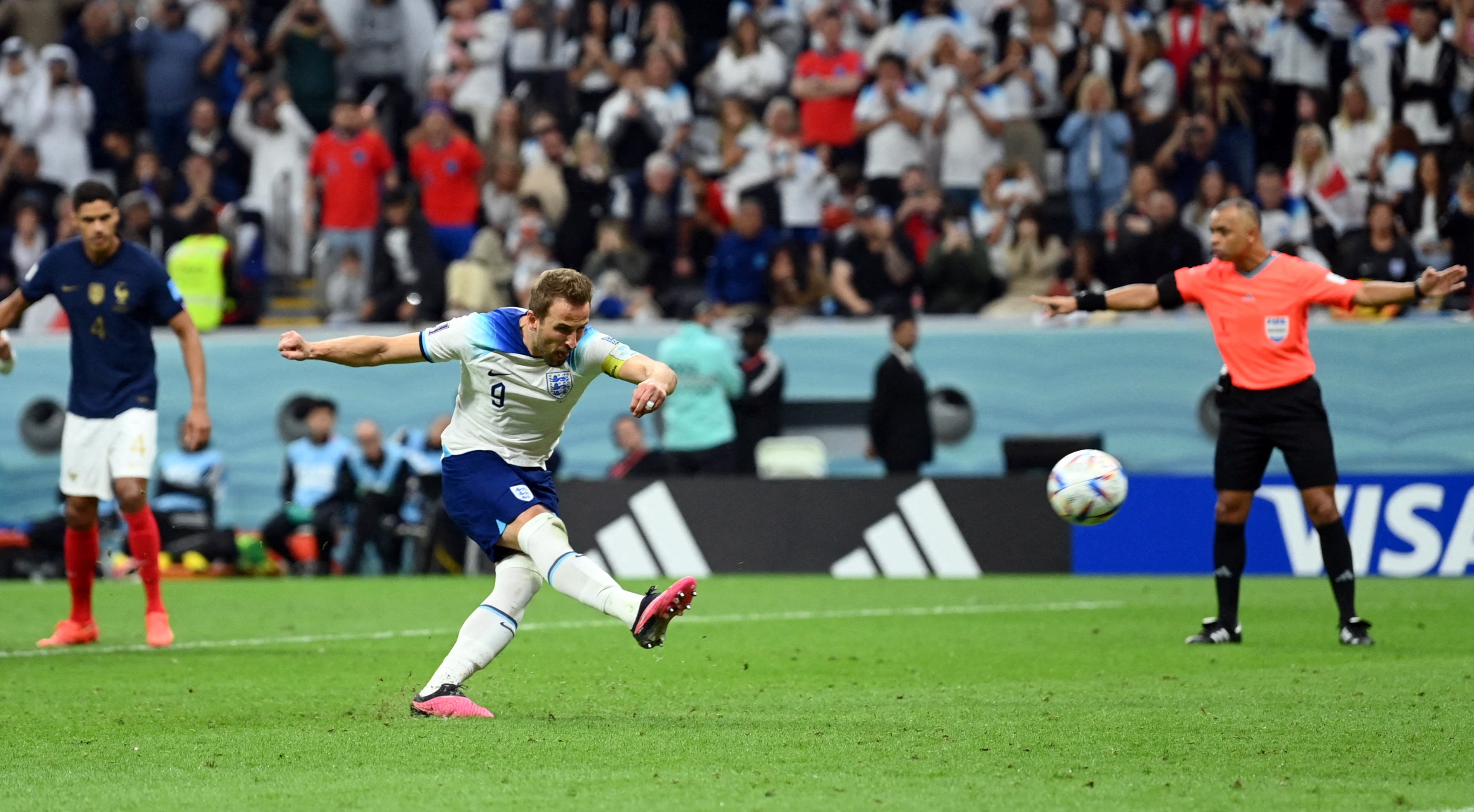 Soccer Football - FIFA World Cup Qatar 2022 - Quarter Final - England v France - Al Bayt Stadium, Al Khor, Qatar - December 10, 2022 England's Harry Kane misses from the penalty spot REUTERS/Annegret Hilse
