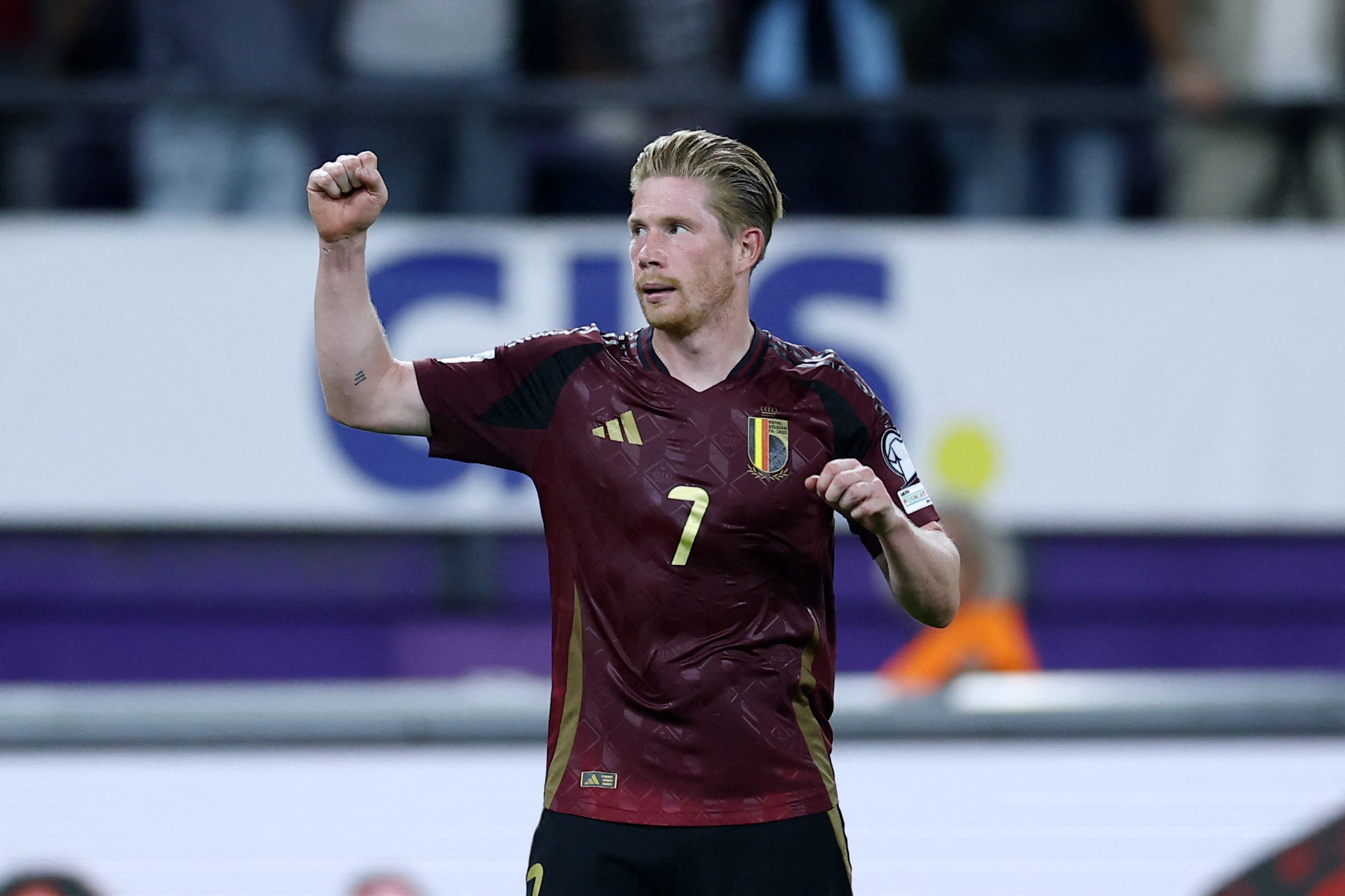 Soccer Football - World Cup - UEFA Qualifiers - Group J - Belgium v Kazakhstan - Lotto Park, Brussels, Belgium - September 7, 2025 Belgium's Kevin De Bruyne celebrates scoring their fifth goal REUTERS/Yves Herman