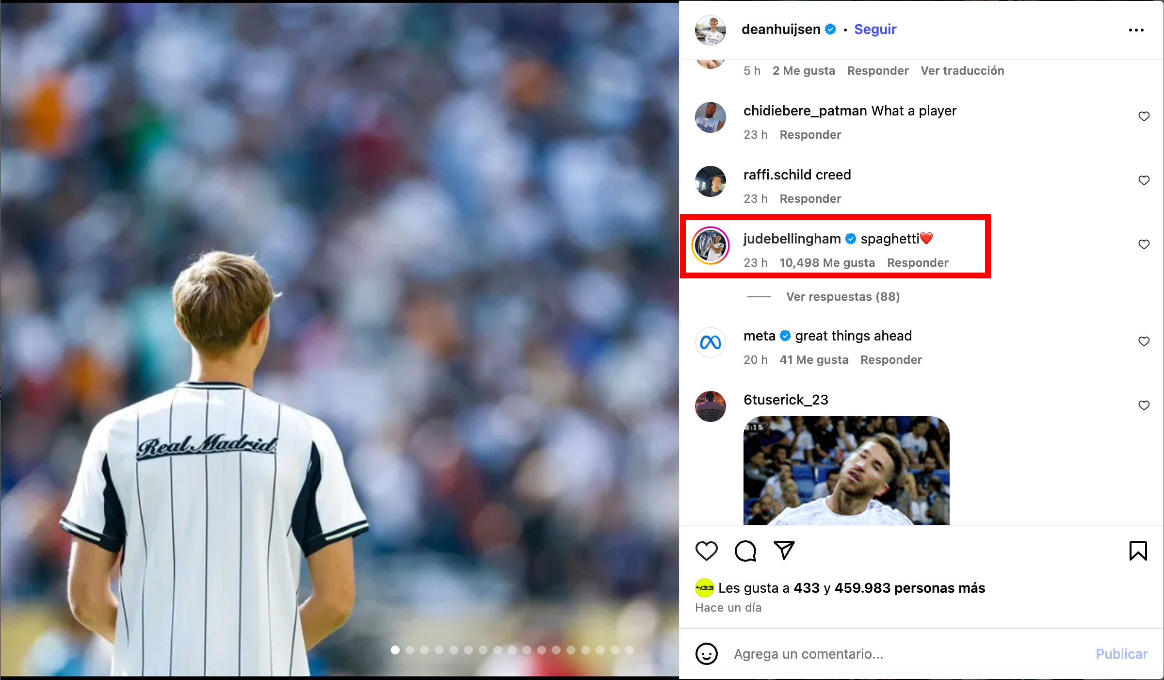 Dean Huijsen post on Instagram and Jude bellinhgam's comment.