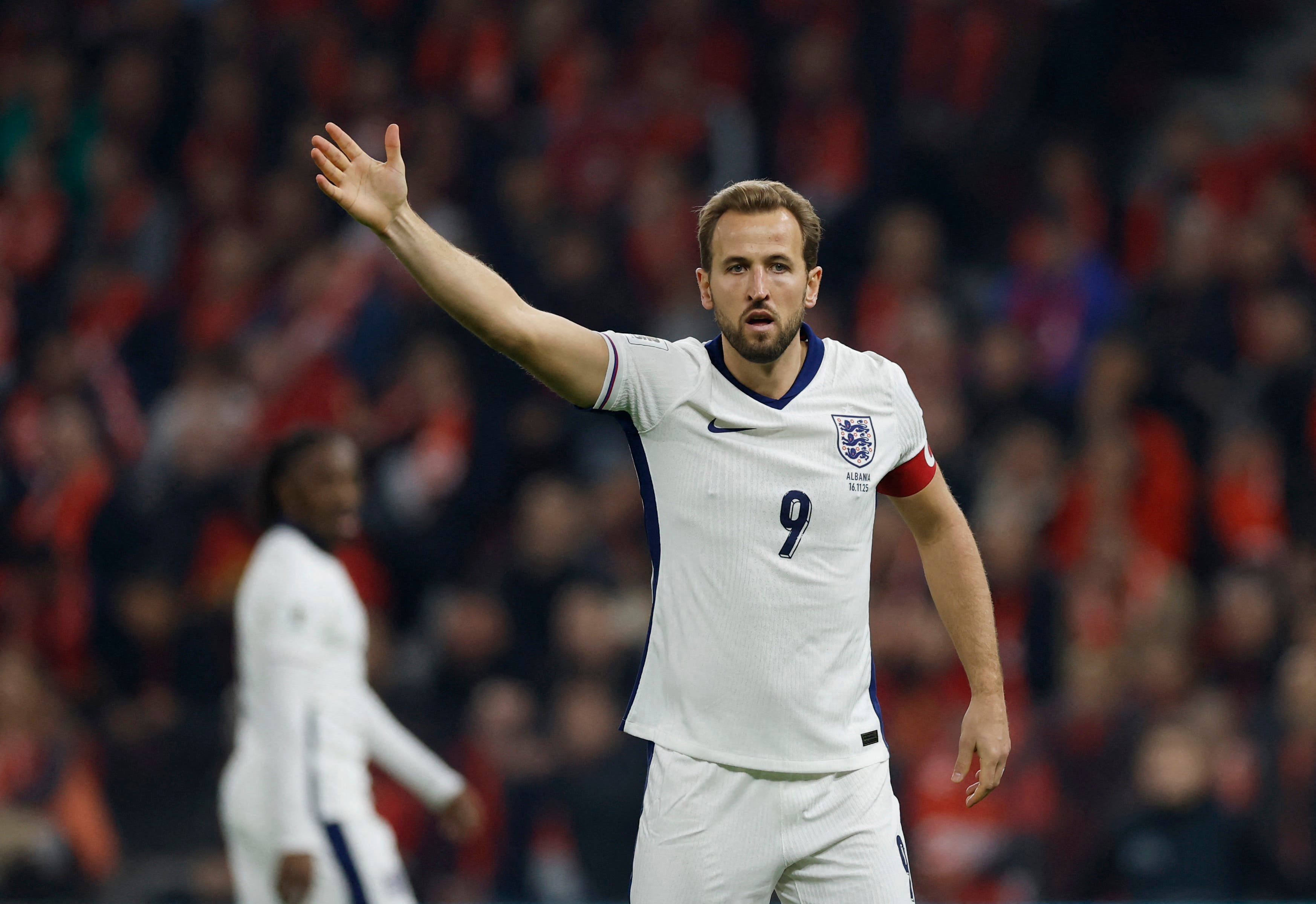 Soccer Football - World Cup - UEFA Qualifiers - Group K - Albania v England - Air Albania Stadium, Tirana, Albania - November 16, 2025 England&#x27;s Harry Kane reacts Action Images via Reuters/Peter Cziborra