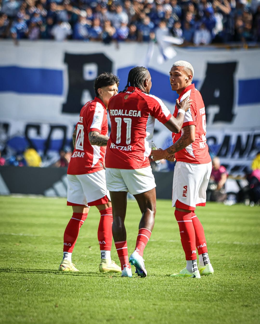 Independiente Santa fe Players CElebrate a Goal During a Match.