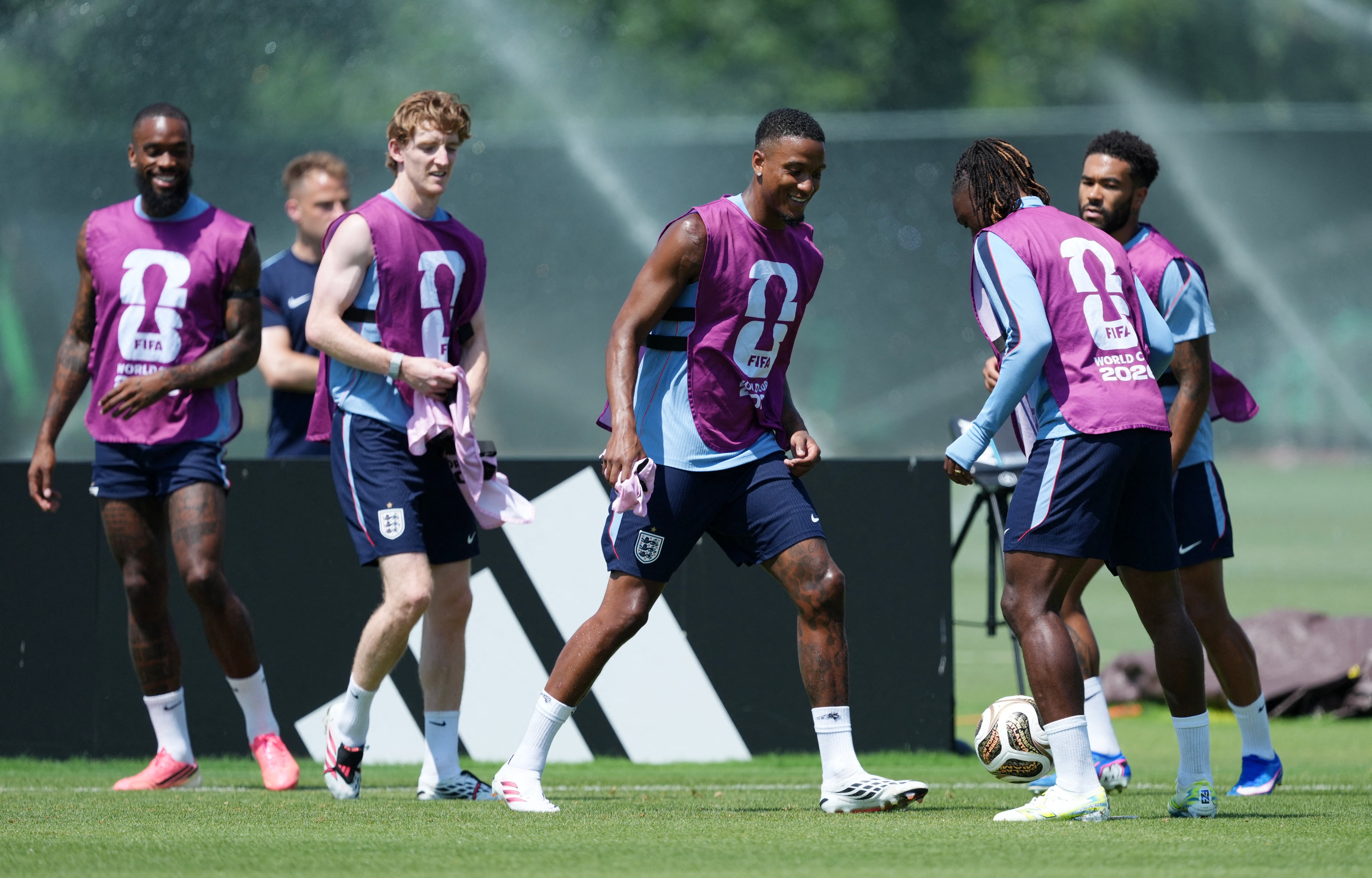 Soccer Football - FIFA World Cup 2026 - England Training - Swope Soccer Village, Kansas City, Missouri, U.S. - July 14, 2026 England's Ezri Konsa and Eberechi Eze with teammates during training IMAGN IMAGES via Reuters/Jay Biggerstaff