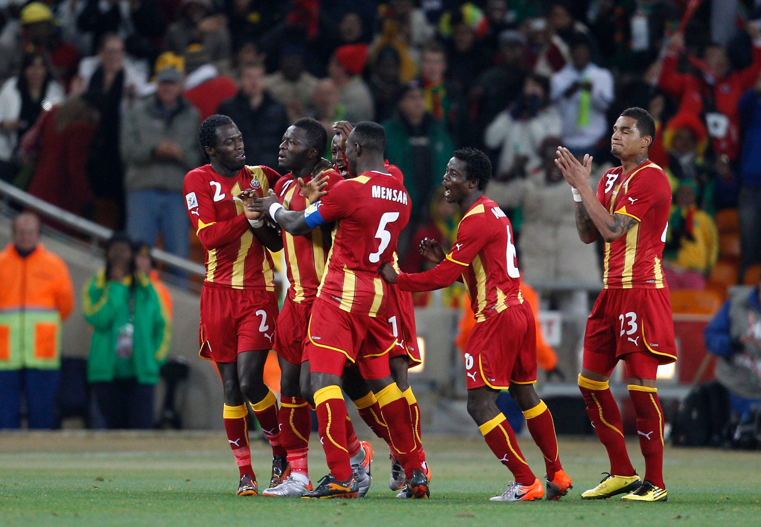 Football - Uruguay v Ghana FIFA World Cup Quarter Final - South Africa 2010 - Soccer City Stadium, Johannesburg, South Africa - 2/7/10 Sulley Muntari (2nd L) celebrates scoring the first goal for Ghana with team mates Mandatory Credit: Action Images / John Sibley Livepic