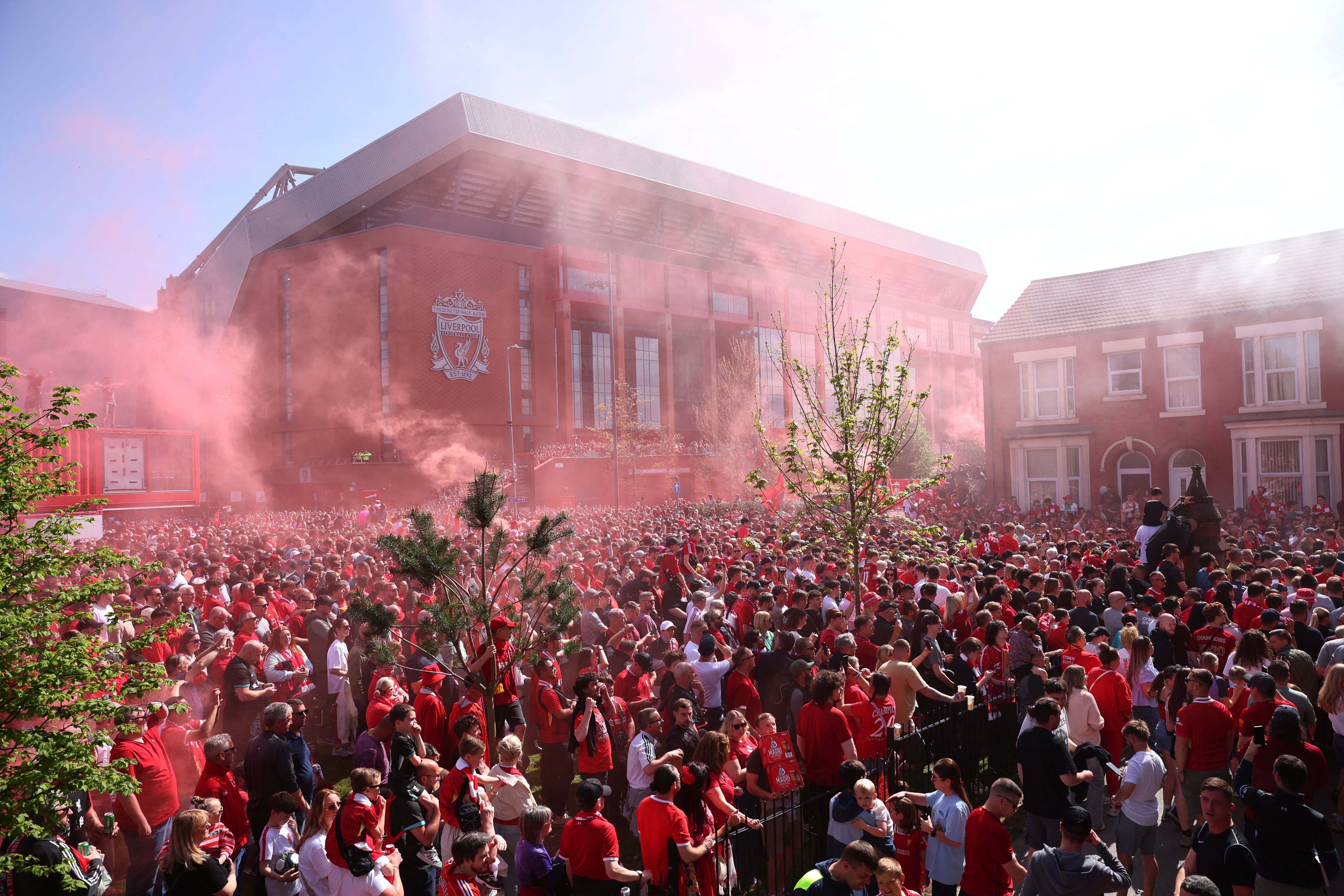 Soccer Football - Premier League - Liverpool v Tottenham Hotspur - Anfield, Liverpool, Britain - April 27, 2025 Liverpool fans are seen outside the stadium before the match Action Images via Reuters/Craig Brough 
