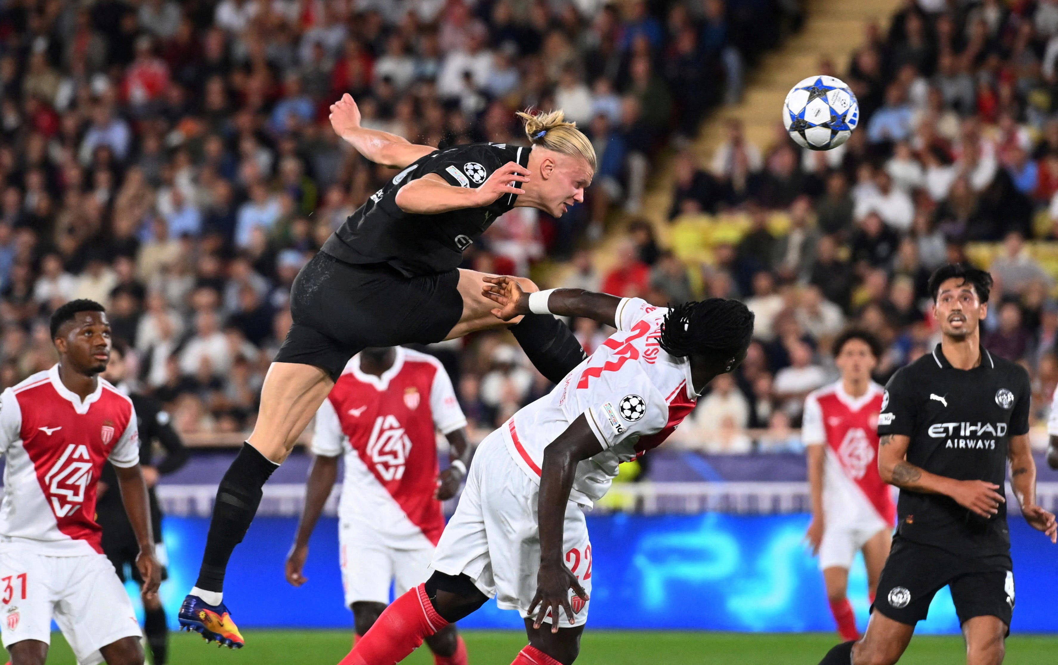 Soccer Football - UEFA Champions League - AS Monaco v Manchester City - Stade Louis II, Monaco - October 1, 2025 Manchester City's Erling Haaland scores their second goal REUTERS/Alexandre Dimou TPX IMAGES OF THE DAY