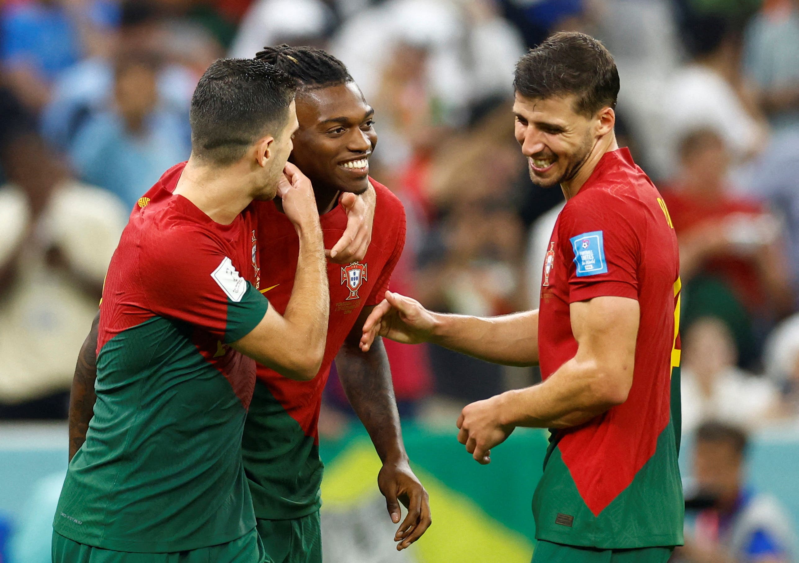 Soccer Football - FIFA World Cup Qatar 2022 - Round of 16 - Portugal v Switzerland - Lusail Stadium, Lusail, Qatar - December 6, 2022 Portugal's Rafael Leao celebrates scoring their sixth goal with teammates REUTERS/Suhaib Salem REFILE - CORRECTING TEMPLATE