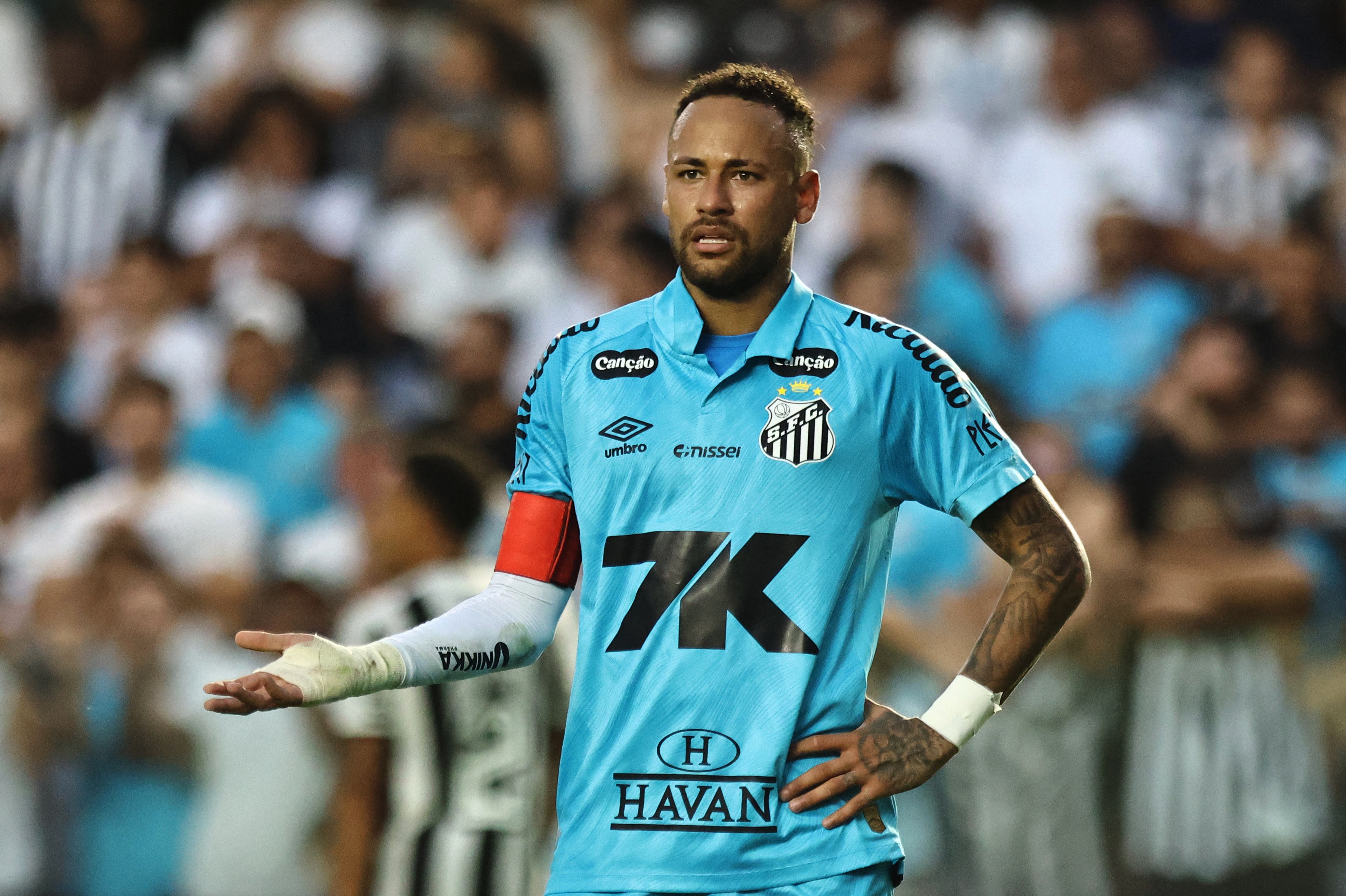 Santos&#x27; Neymar reacts during a game with Santos FC.
