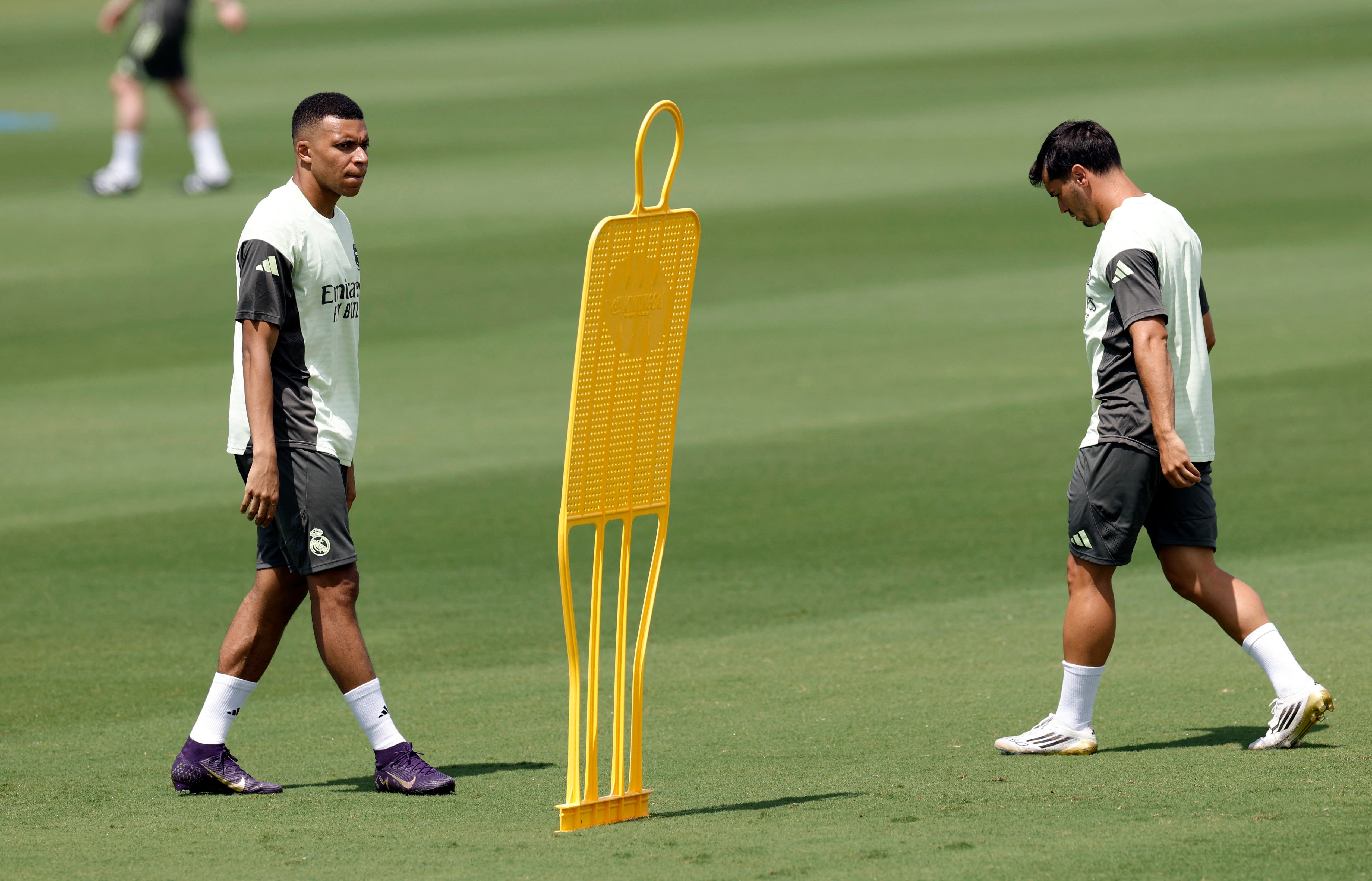 Real Madrid's Kylian Mbappe and Brahim Diaz during training