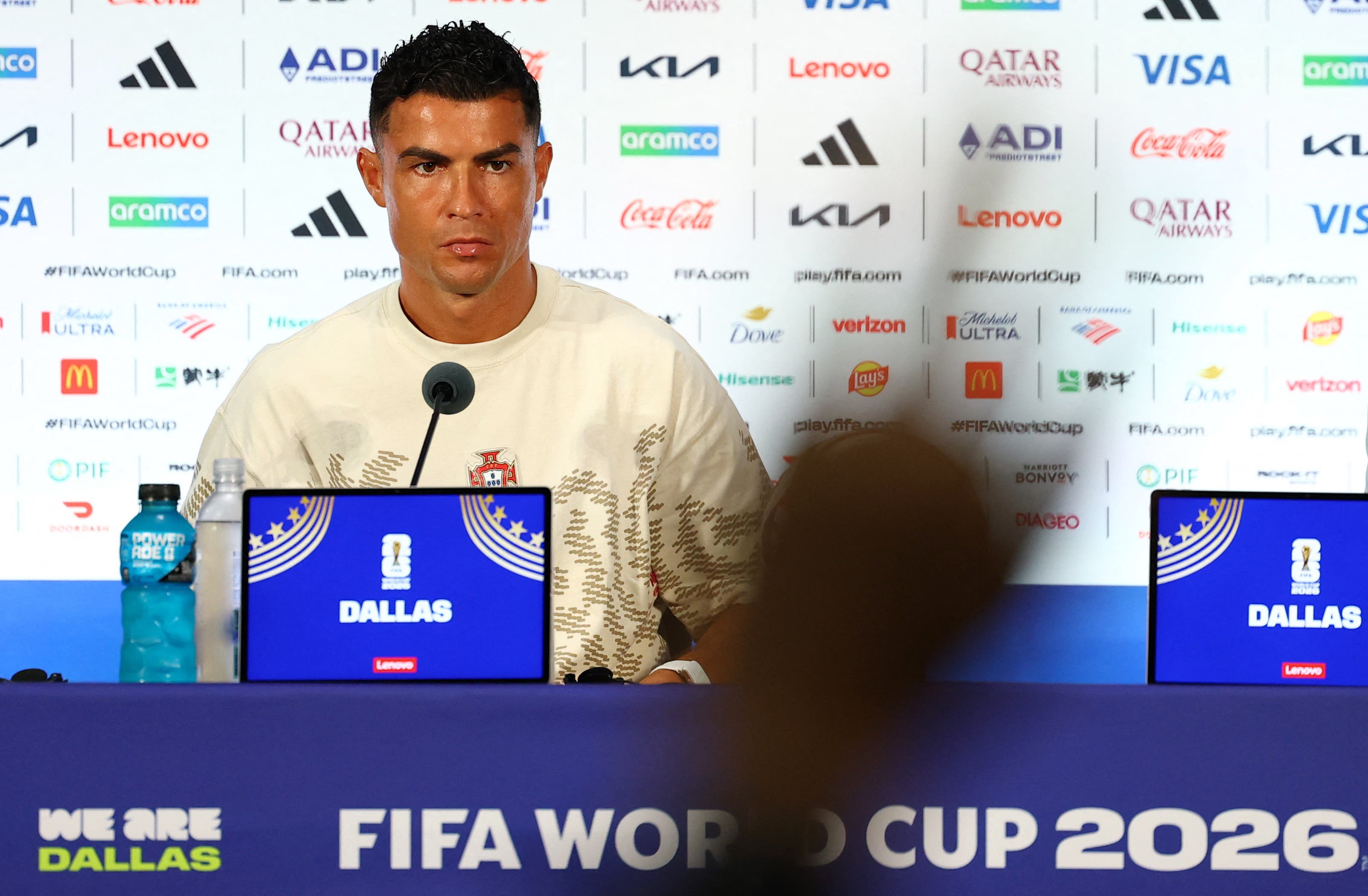 Soccer Football - FIFA World Cup 2026 - Portugal Press Conference - Dallas Stadium, Arlington, Texas, U.S. - July 6, 2026 Portugal's Cristiano Ronaldo during the press conference REUTERS/Issei Kato

