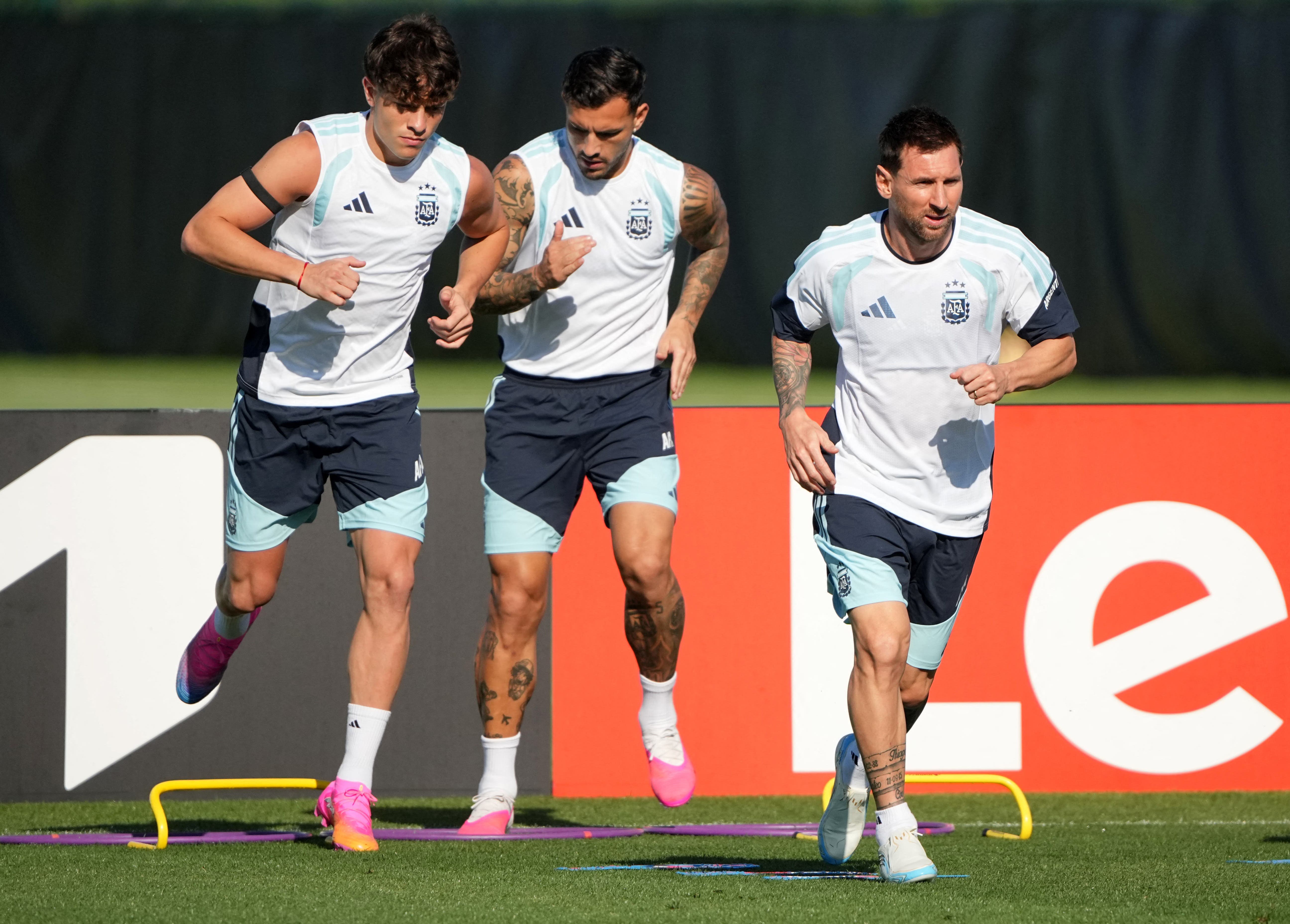 Soccer Football - FIFA World Cup 2026 - Argentina Training - Sporting KC Training Centre, Kansas City, Kansas, U.S. - June 15, 2026 Argentina's Lionel Messi and Leandro Paredes during training IMAGN IMAGES via Reuters/Denny Medley