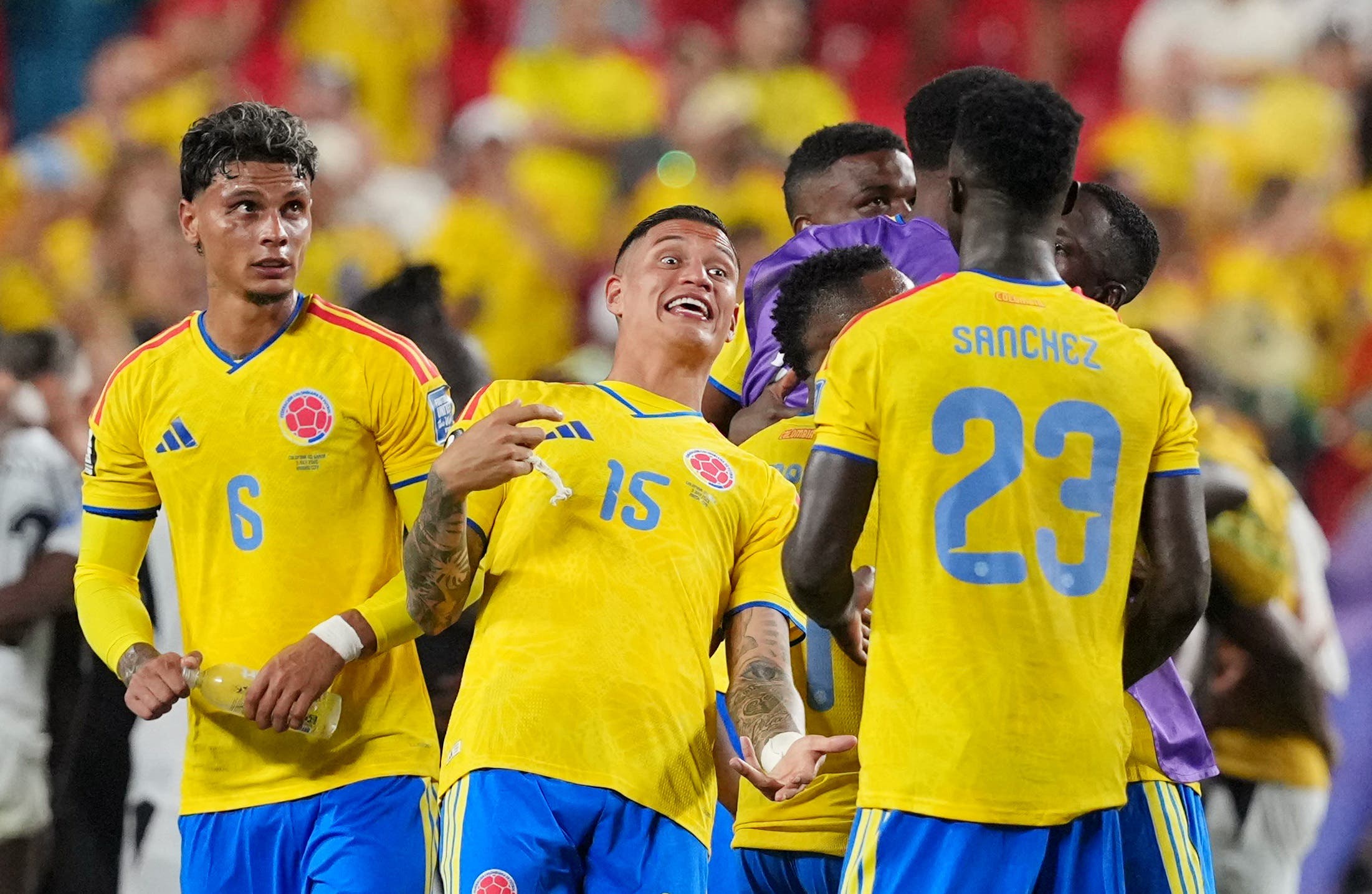 Soccer Football - FIFA World Cup 2026 - Round of 32 - Colombia v Ghana - Kansas City Stadium, Kansas City, Missouri, U.S. - July 3, 2026 Colombia's Juan Portilla, Richard Rios and Davinson Sanchez celebrate after the match IMAGN IMAGES via Reuters/Jay Biggerstaff