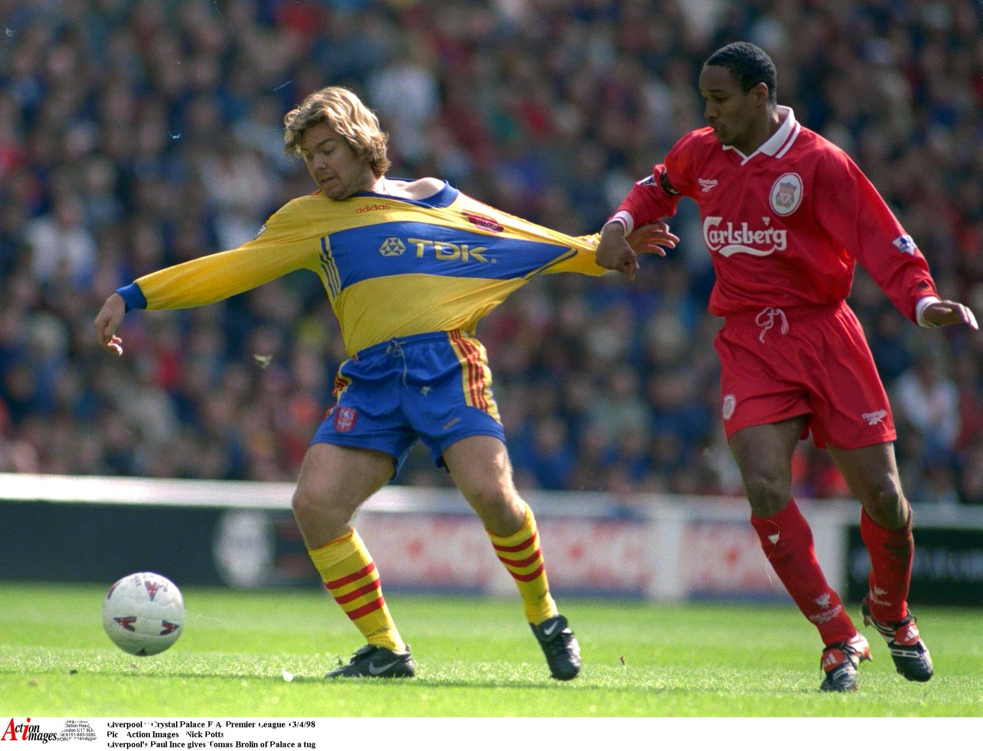 Liverpool v Crystal Palace F.A. Premier League 13/4/98 Pic : Action Images / Nick Potts Liverpool's Paul Ince gives Tomas Brolin of Palace a tug