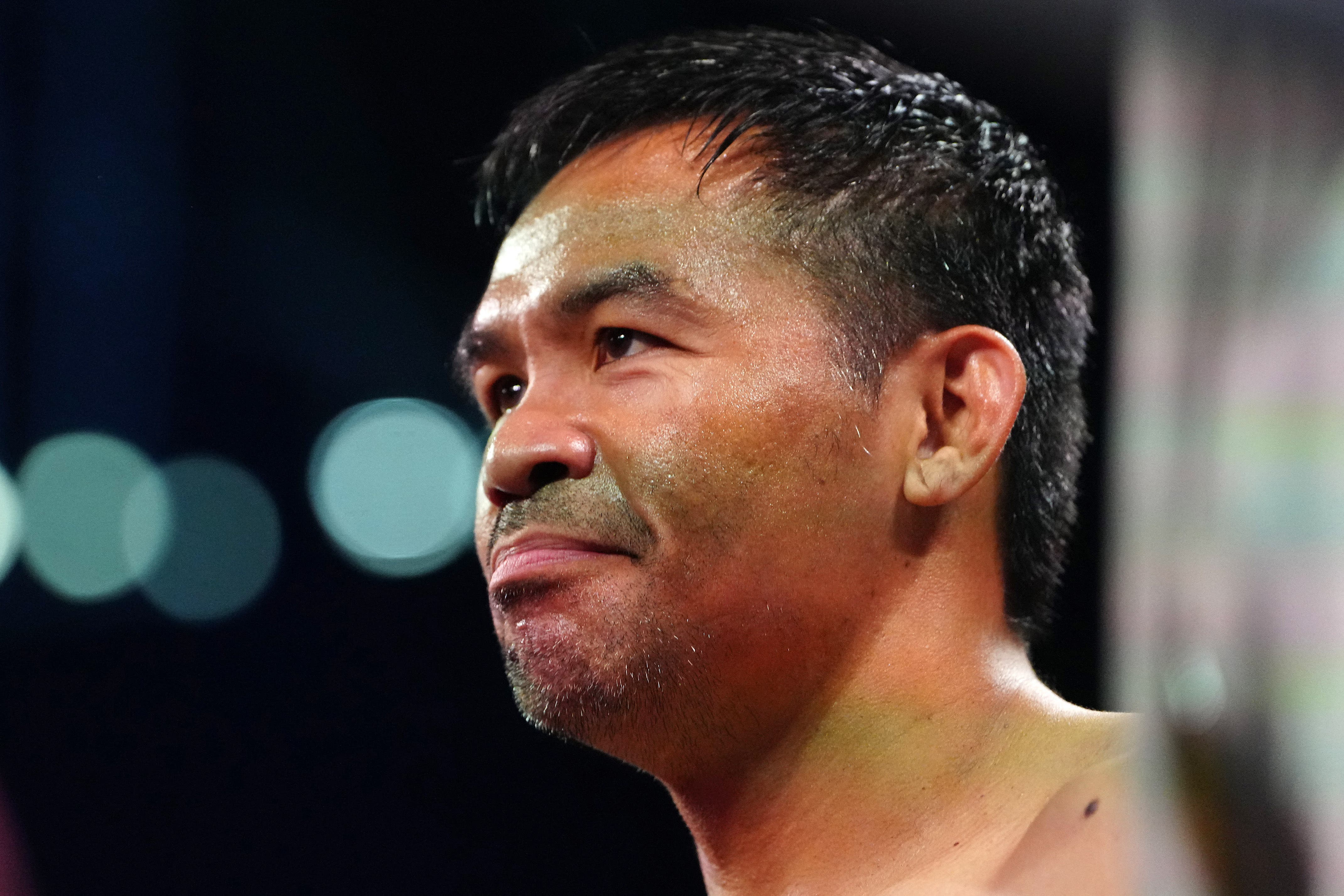 Jul 19, 2025; Las Vegas, Nevada, USA; Manny Pacquiao smiles before his fight against Mario Barrios at MGM Grand Garden Arena. Mandatory Credit: Stephen R. Sylvanie-Imagn Images
