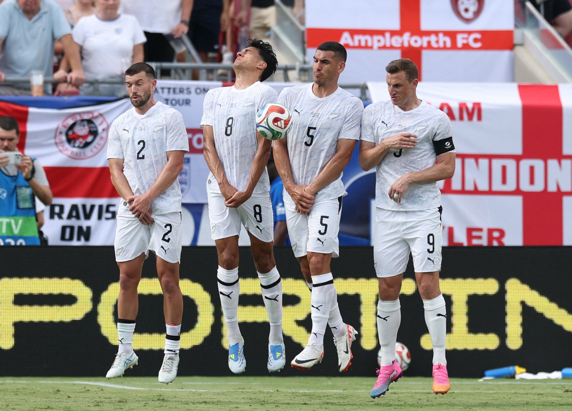 Soccer Football - International Friendly - England v New Zealand - Raymond James Stadium, Tampa, Florida, U.S. - June 6, 2026 New Zealand's Tim Payne, Marko Stamenic, Michael Boxall and Chris Wood in action IMAGN IMAGES via Reuters/Nathan Ray Seebeck

