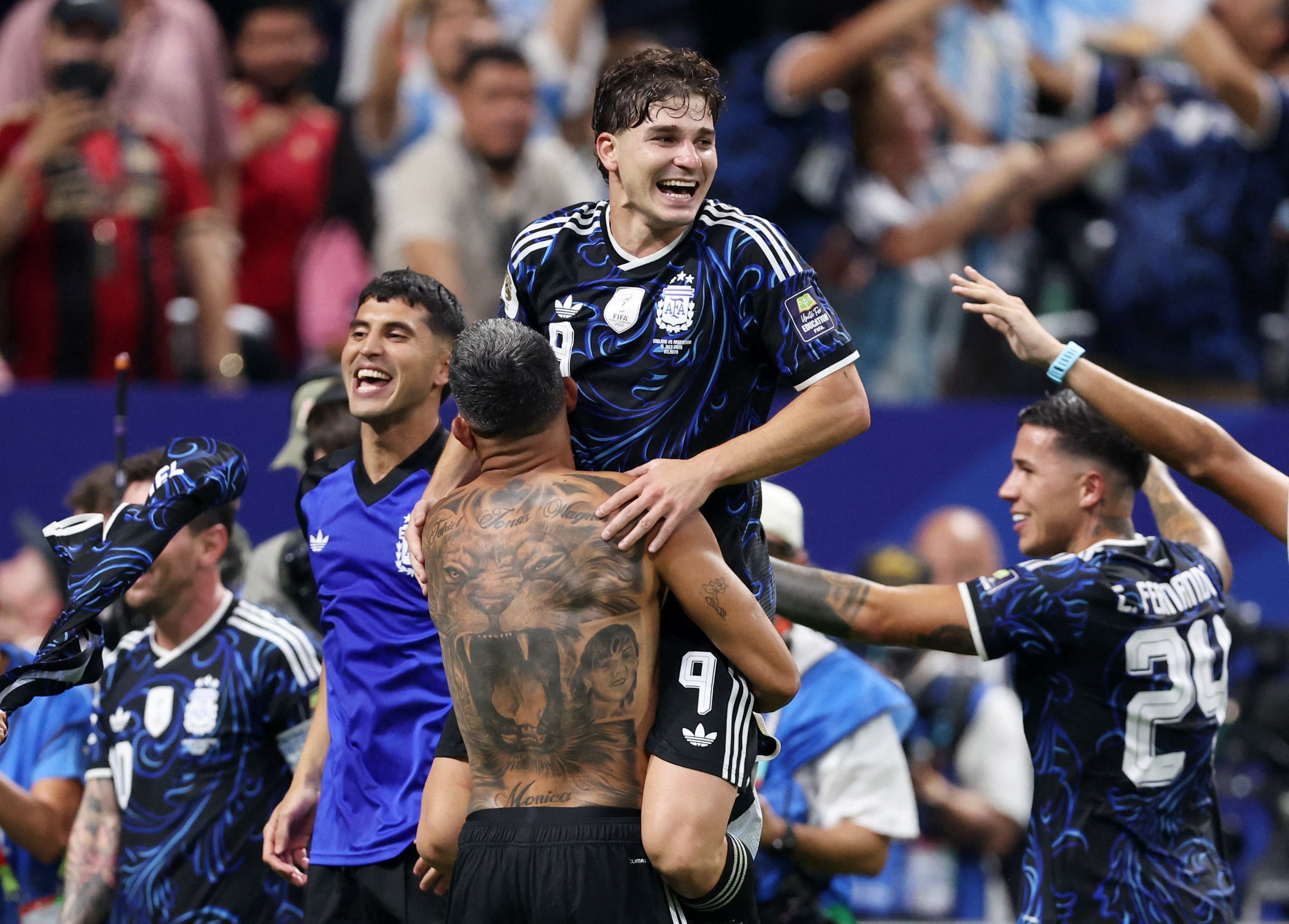 Soccer Football - FIFA World Cup 2026 - Semi Final - England v Argentina - Atlanta Stadium, Atlanta, Georgia, U.S. - July 15, 2026 Argentina's Julian Alvarez celebrates with teammates after the match IMAGN IMAGES via Reuters/Brett Davis
