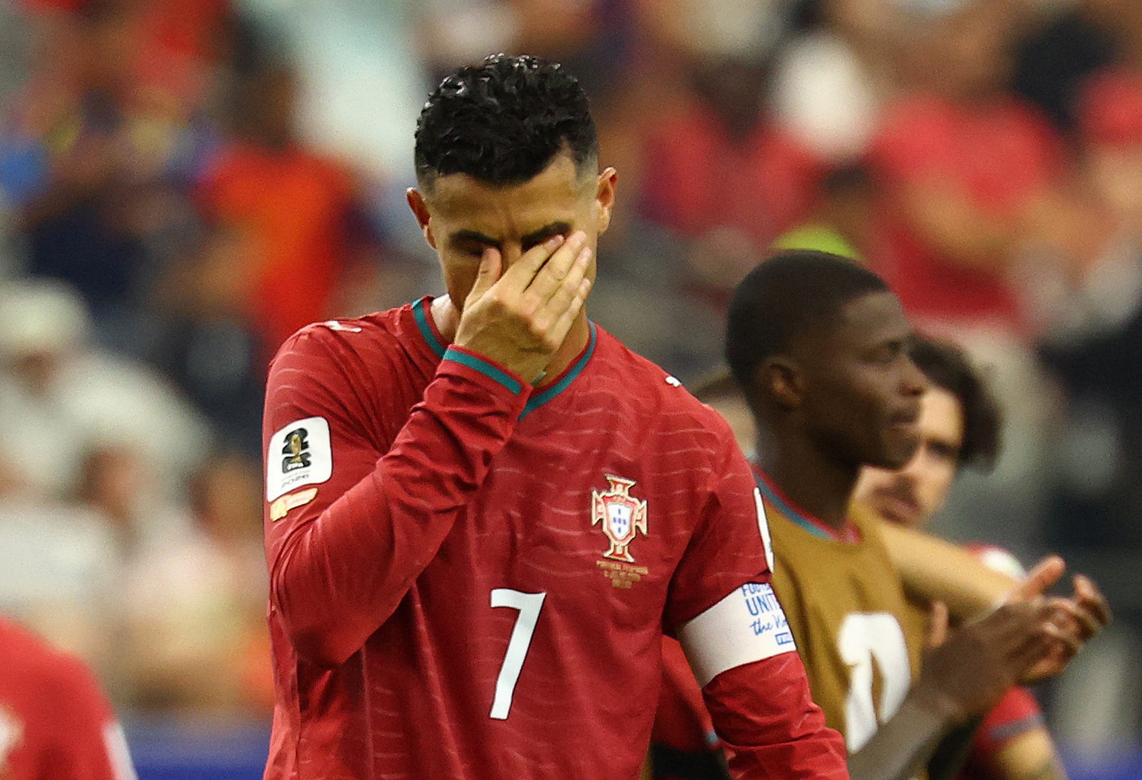 Soccer Football - FIFA World Cup 2026 - Round of 16 - Portugal v Spain - Dallas Stadium, Arlington, Texas, U.S. - July 6, 2026 Portugal's Cristiano Ronaldo looks dejected after the match as Portugal are eliminated from the World Cup REUTERS/Kai Pfaffenbach
