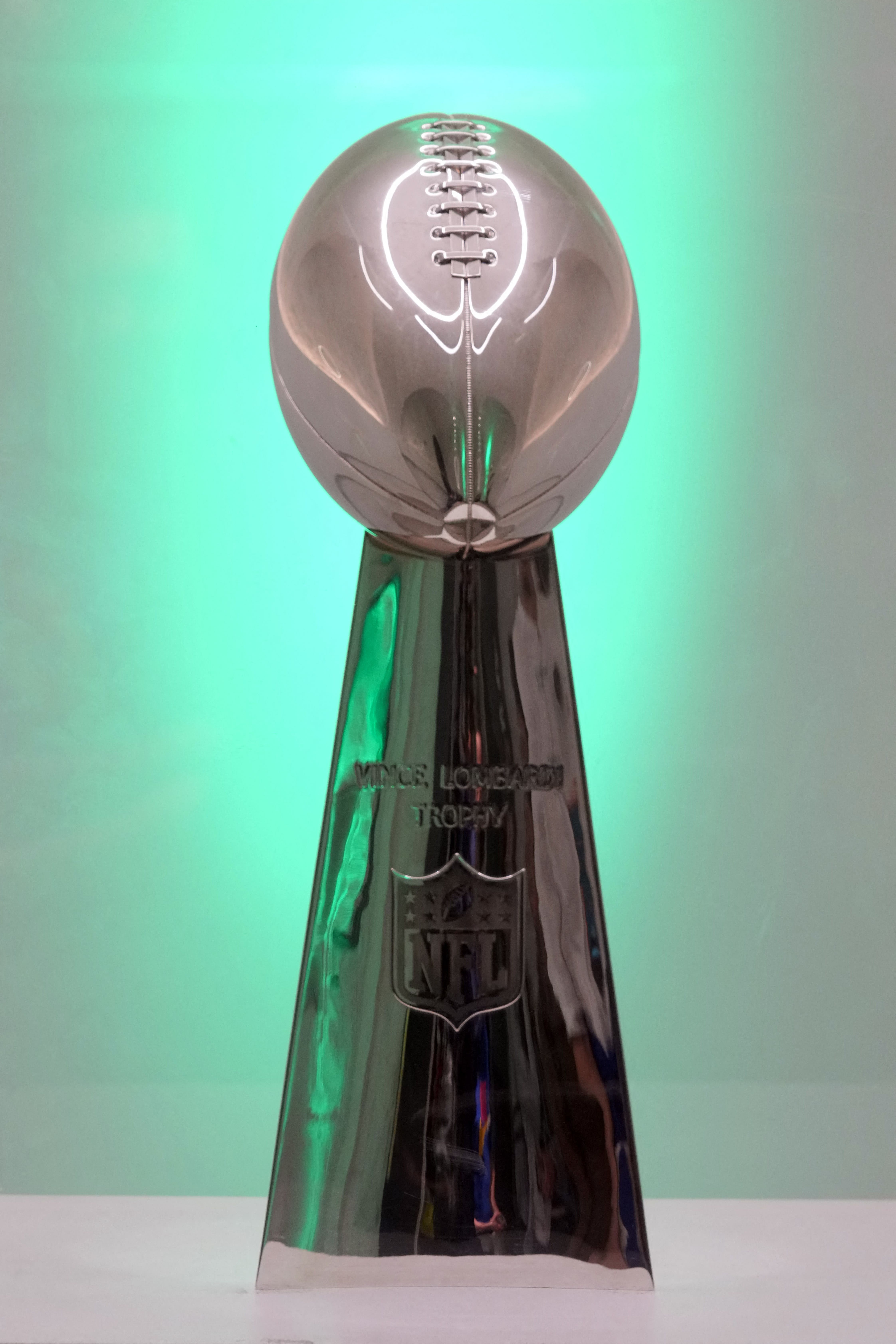 Sep 27, 2025; Dublin, Ireland; A Vince Lombardi trophy at the Super Bowl Gallery at Dublin City Hall. Mandatory Credit: Kirby Lee-Imagn Images