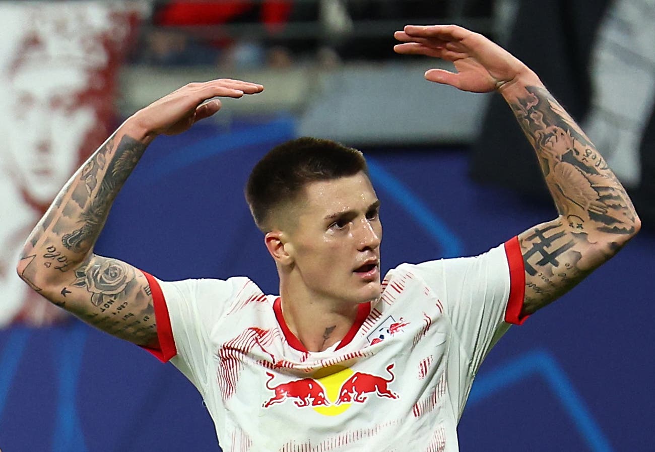 Benjamin Sesko playing for RB Leipzig in the Champions League.