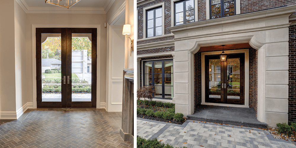 Left Image: This interior entrance features French inswing doors with satin nickel hardware and Mahogany panels. The flooring is brick, and the doors’ trim is white. Right Image: This brick home features French inswing entrance doors. There is a light fixture in the entryway, and a brick walkway leads to the doorway.