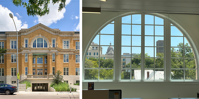 front of austin community college rio grande campus with Ultra Series windows along with inside view of large arch window