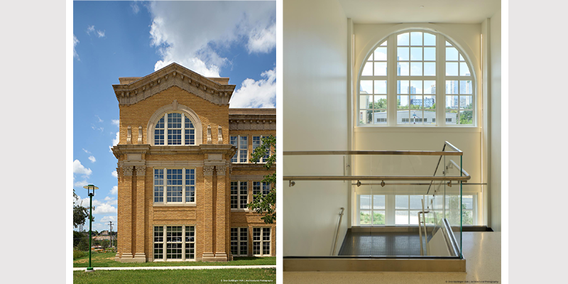 side and inside of one of the ACC classrooms featuring large Ultra series windows