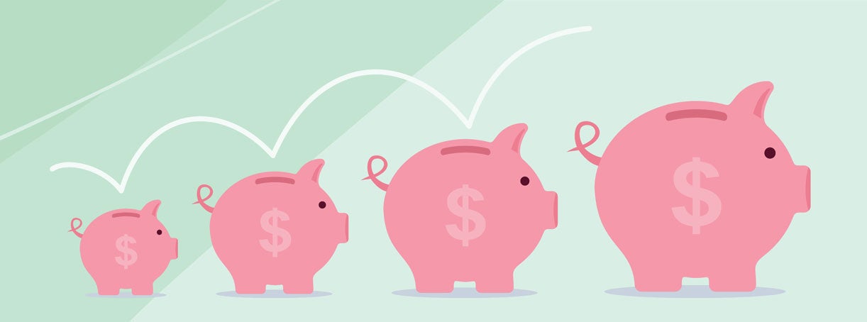 An image of four piggy banks with dollar signs on the sides.