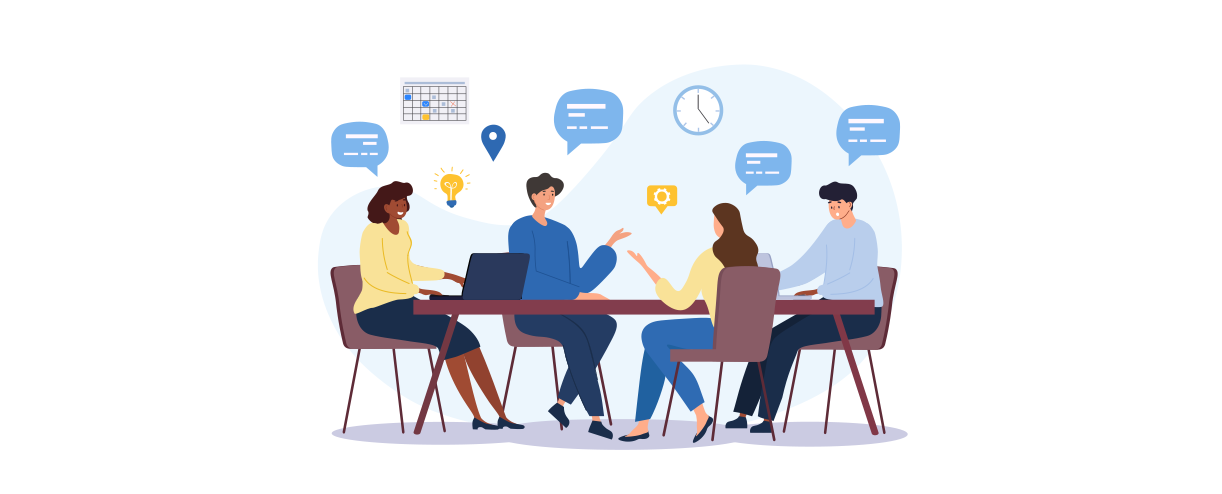 An image of people sitting around a table with lightbulbs going off and thought bubbles as they have ideas.