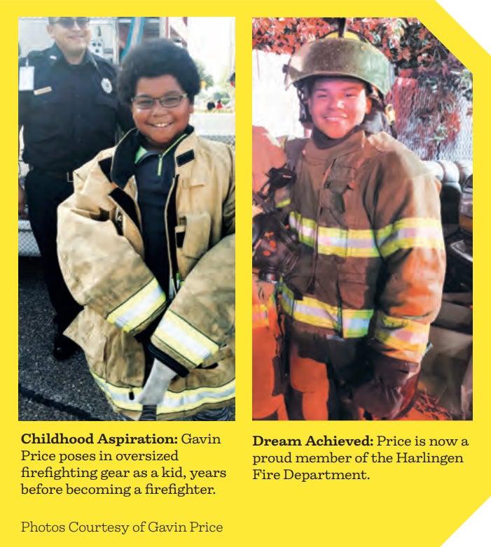 Gavin Price poses in oversized firefighting gear as a kid, years before becoming a firefighter. Price is now a proud member of the Harlingen Fire Department.