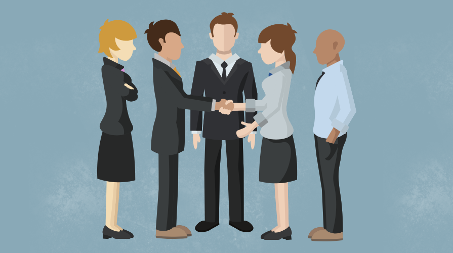 Five animated businesspeople, with two shaking hands