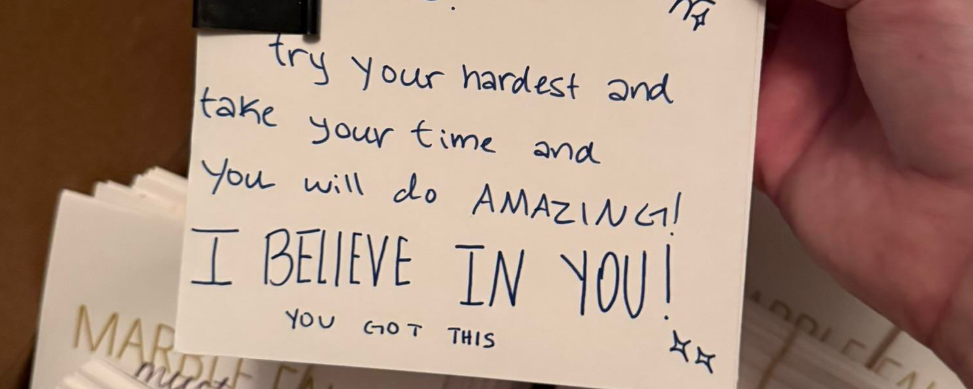 Note from Marble Falls ISD to a student at Greenwood Forest Elementary School