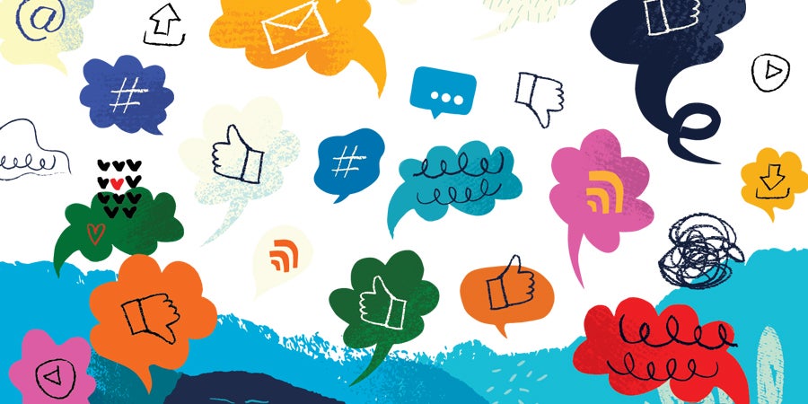 colorful graphic art of common social media icons such as a hashtag, thumbs up, thumbs down, wifi, download, play button