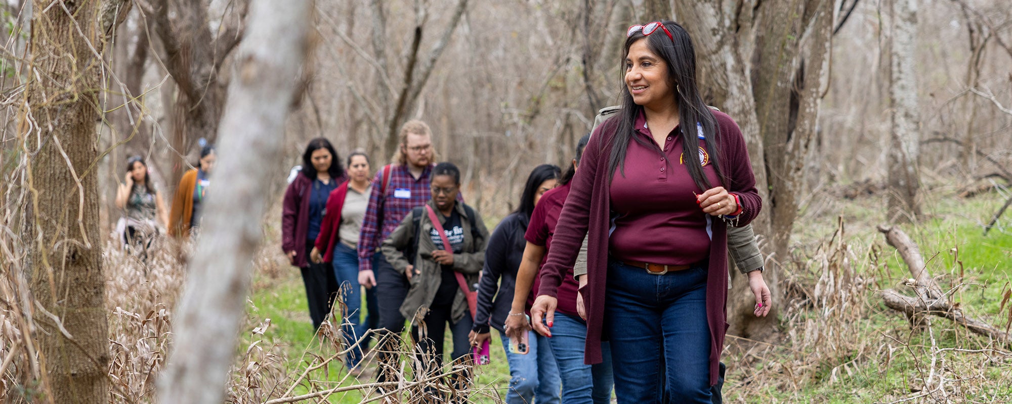 A group of students go for a walk in the woods. 