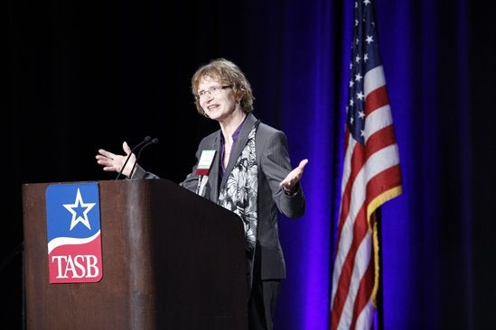 Faye Beaulieu, a former longtime school board member for the Hurst-Euless-Bedford (HEB) Independent School District (ISD), speaks at a TASB event. 