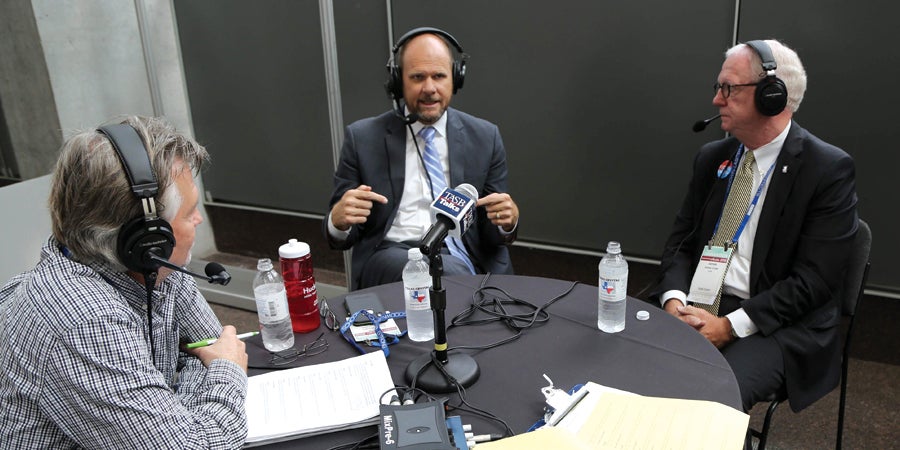 The TASB Talks podcast. From left, former Texas Lone Star managing editor Roger White, TASA Executive Director Kevin Brown, and former TASB Executive Director James B. Crow. 