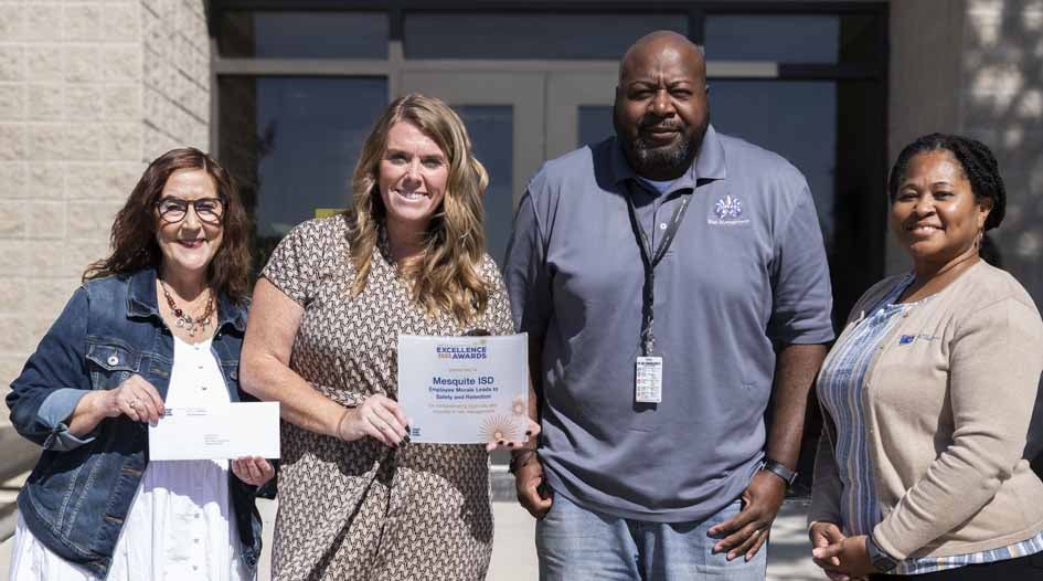 Jennifer Jones, TASB senior risk management marketing consultant (far-right), presents a Fund Excellence Award to Mesquite ISD's Cheryl Courson, risk manager; Teri Mapengo, former transportation director; and James Gadsden, executive director of risk management and operations.