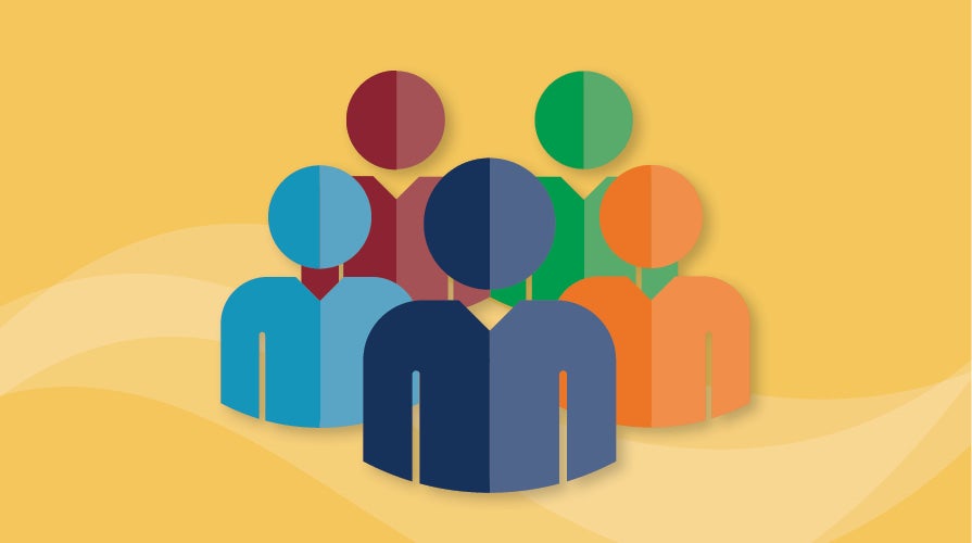 illustration of 5 people in different colors, with a yellow background