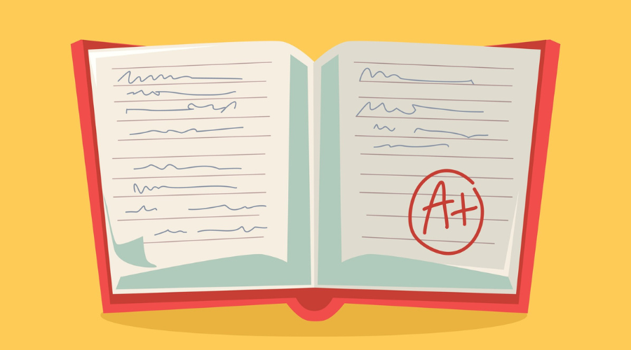 Illustration of an open book with an A+ circled on the page